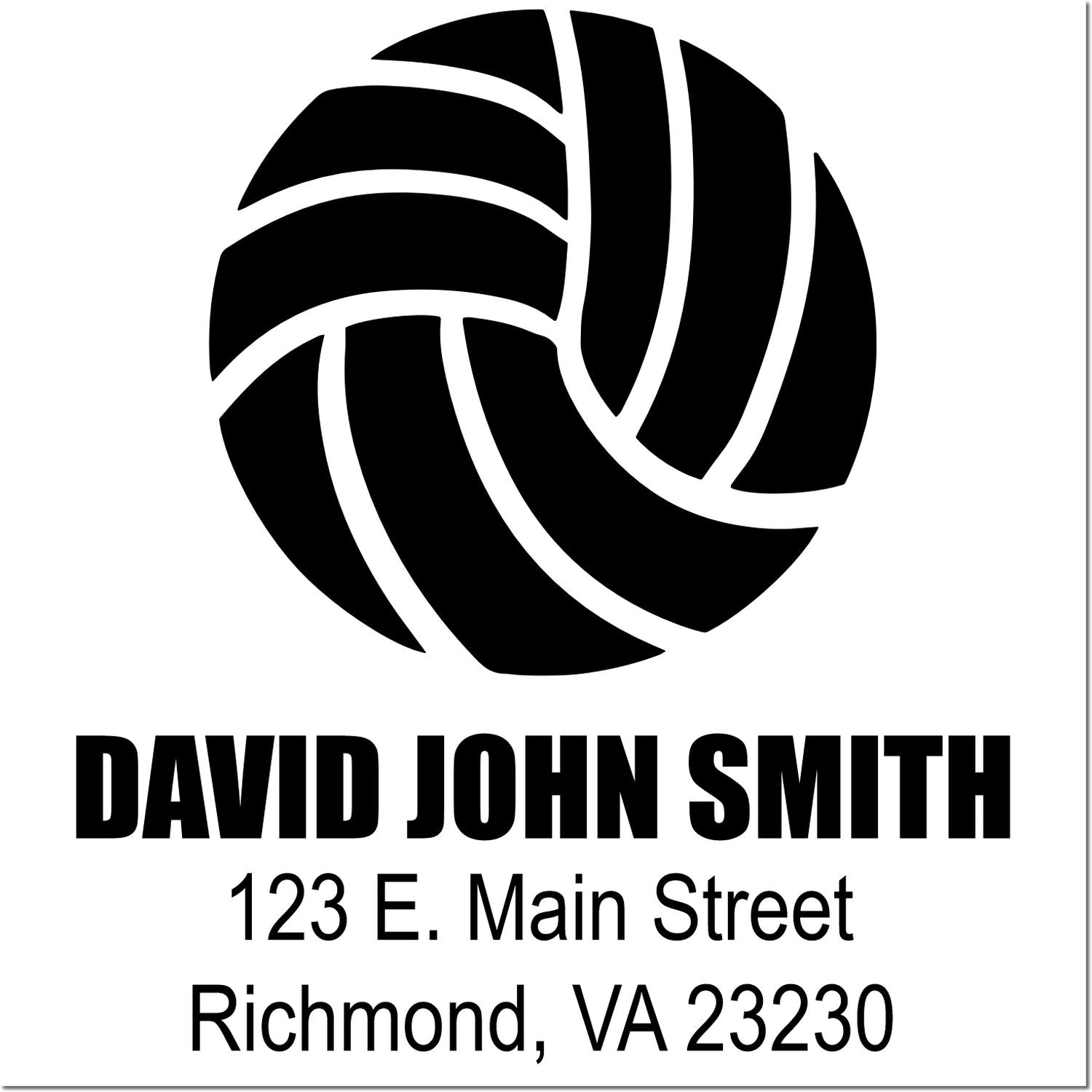 Custom volleyball rubber stamp with David John Smith name and address, 123 E. Main Street, Richmond, VA 23230