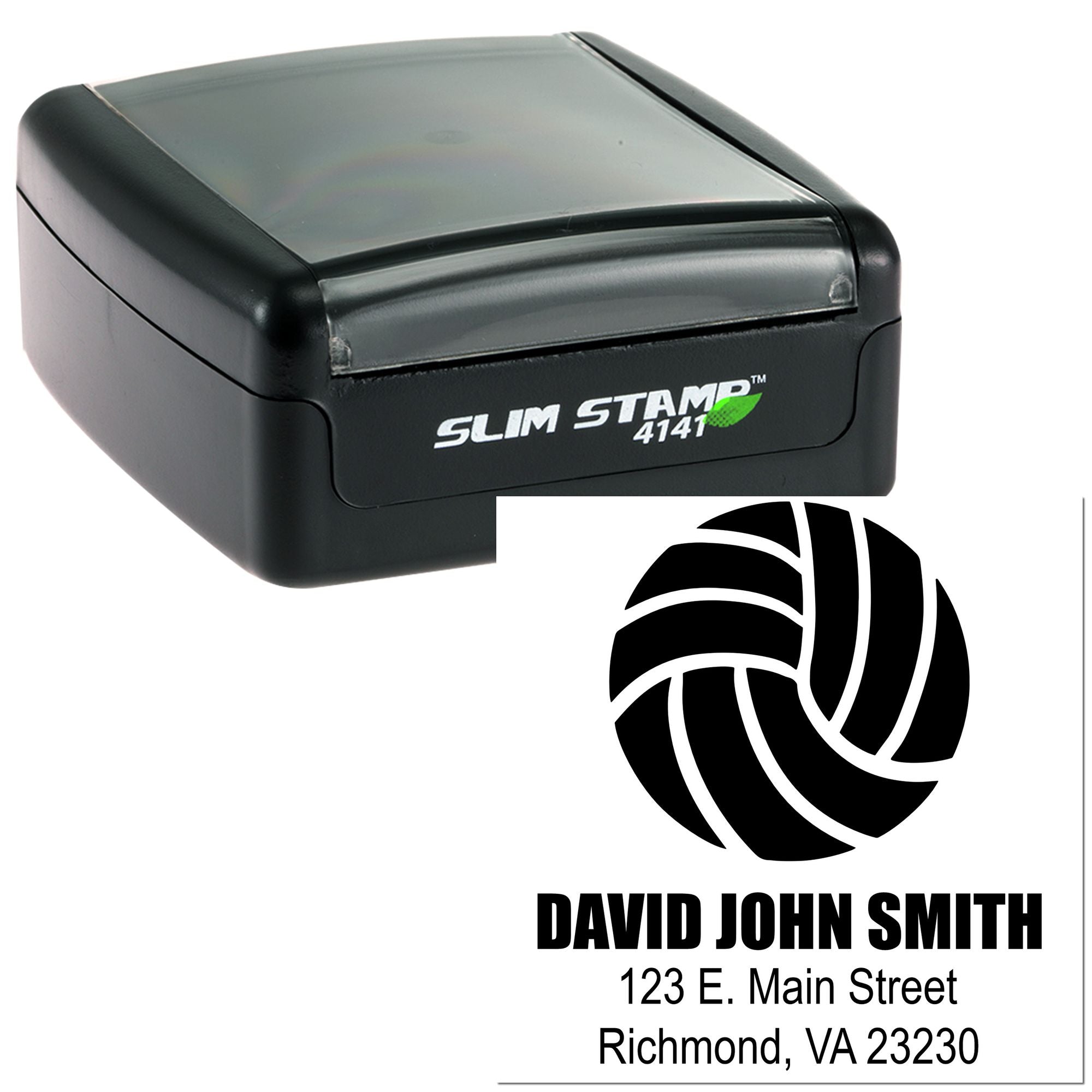 Personalized self-inking rubber address stamp with logo, name, and Richmond, VA return address
