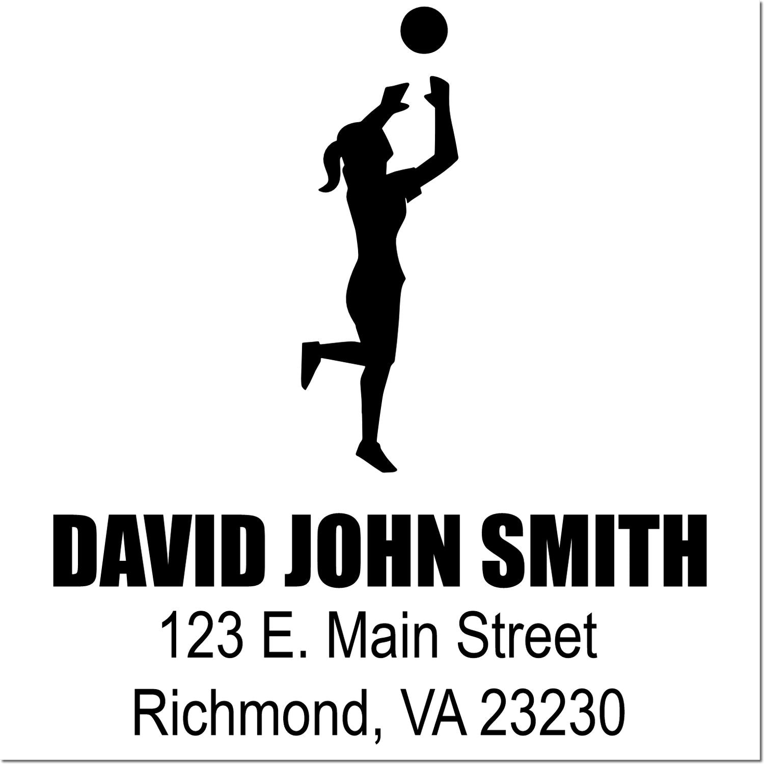 Custom address rubber stamp with volleyball player silhouette, David John Smith, Richmond, VA 23230.