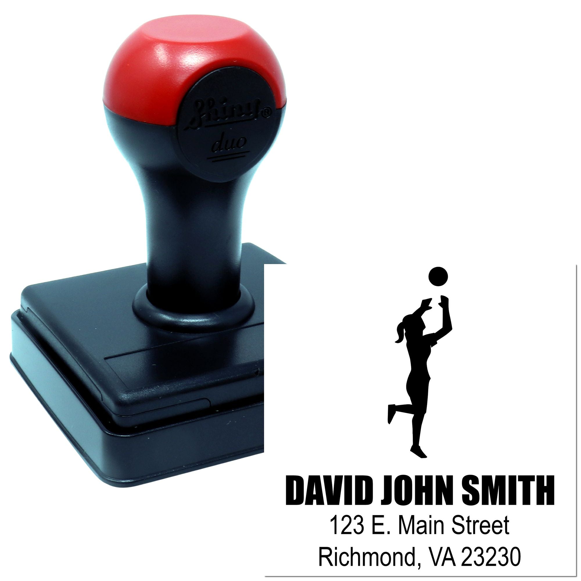Personalized self-inking rubber address stamp for David John Smith with volleyball logo and Richmond, VA address.
