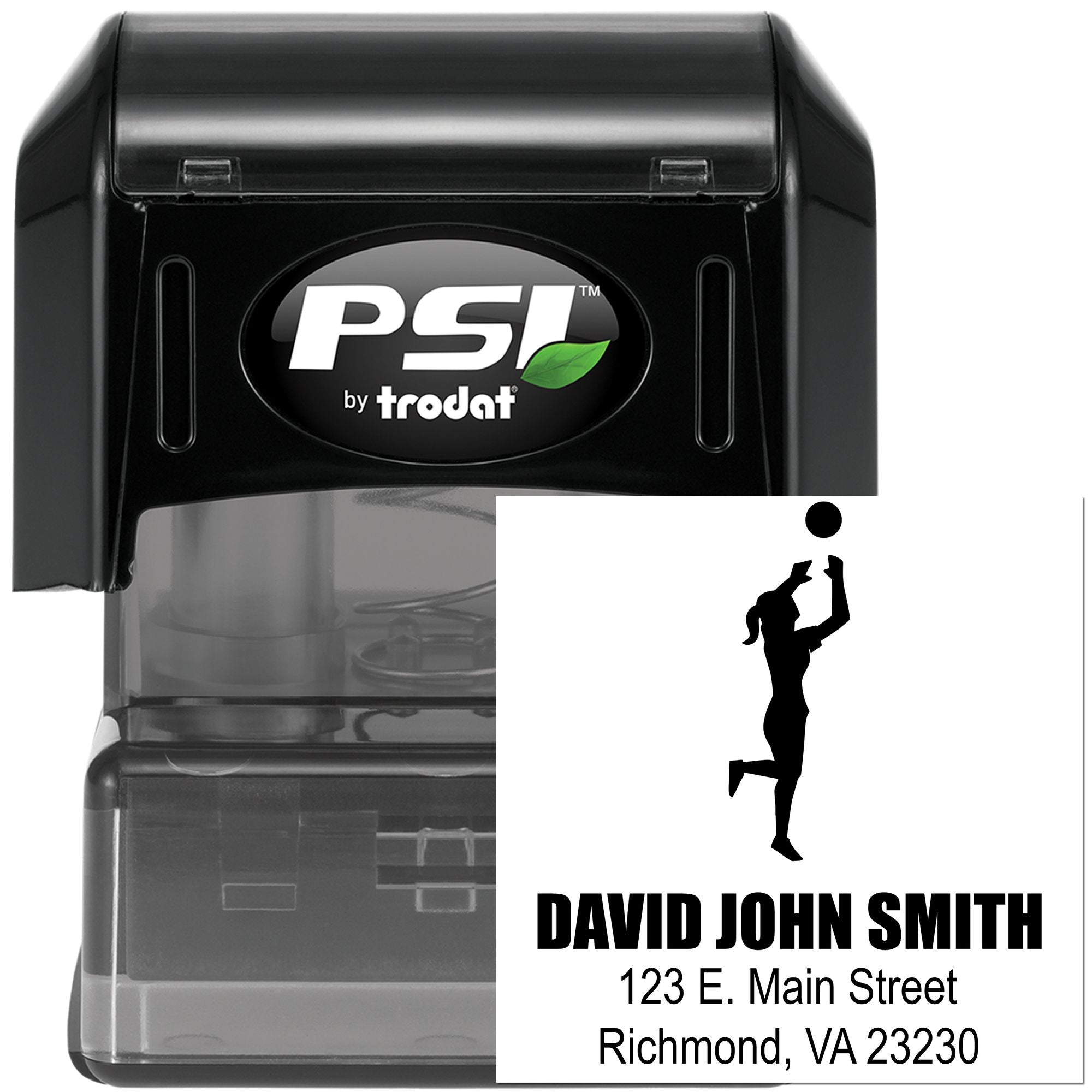 Custom self-inking address stamp by Trodat PSI with name, address and volleyball player design.