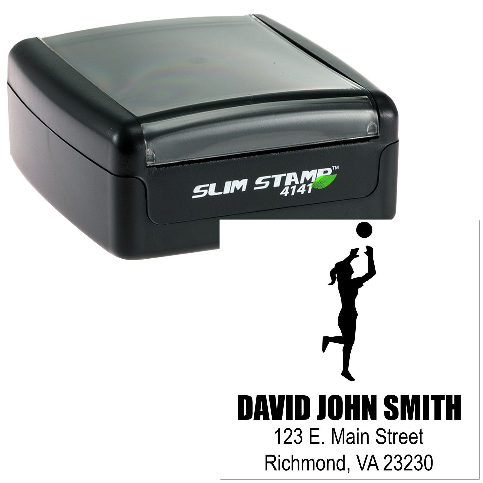 Custom self-inking Slim Stamp 4141 address rubber stamp with basketball player logo and name, street, city imprint