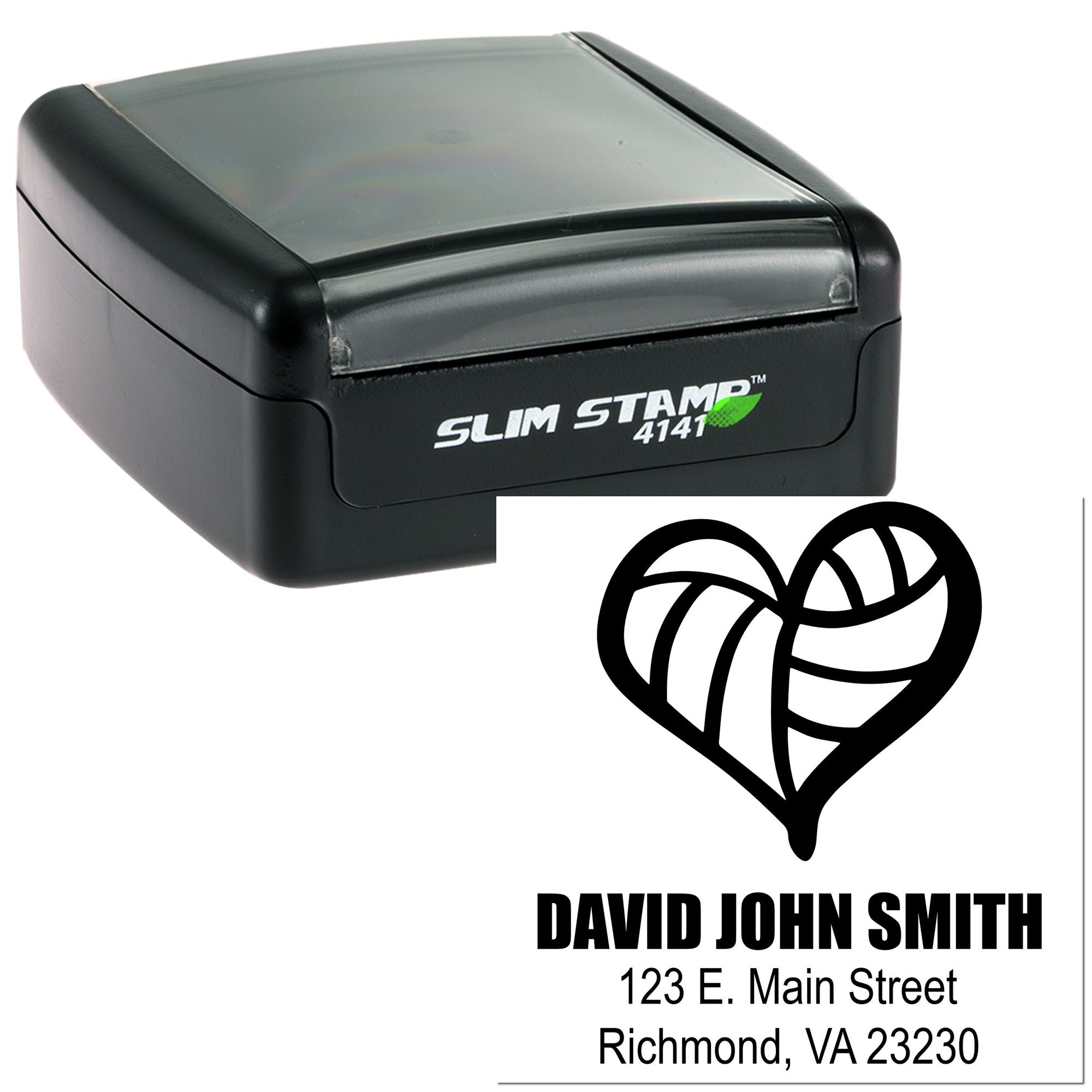 Custom self-inking return address rubber stamp with heart logo and David John Smith imprint for mailing labels.
