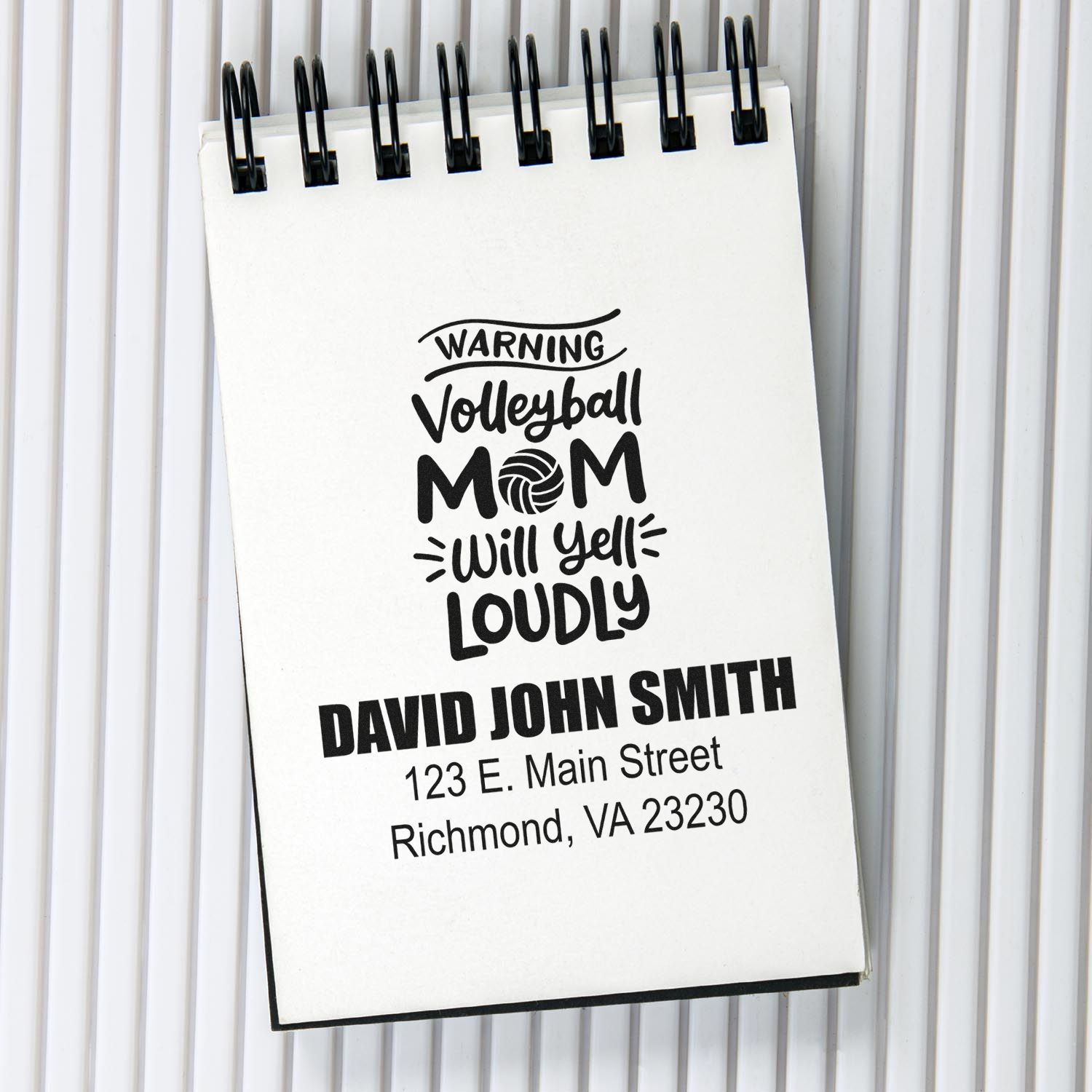Custom volleyball mom rubber stamp design with personalized name and address for stationery and mail.