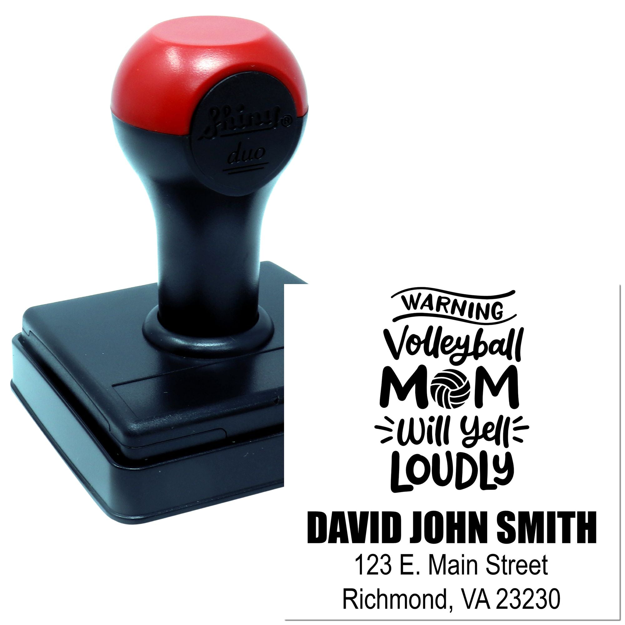 Custom self-inking rubber stamp for volleyball mom, featuring a warning slogan and personalized name and address.