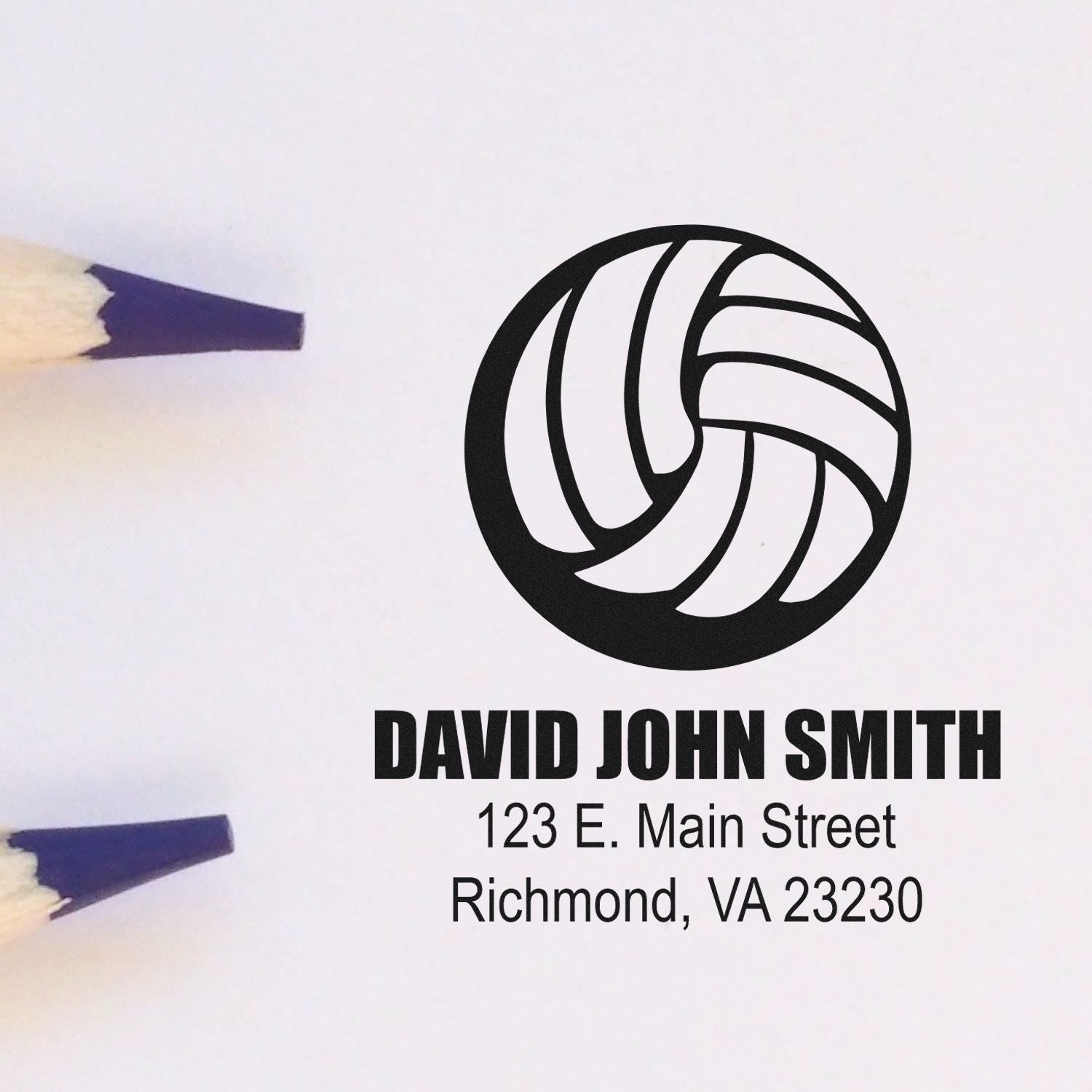Custom business address rubber stamp with logo, David John Smith, and Richmond, VA 23230 for branding.