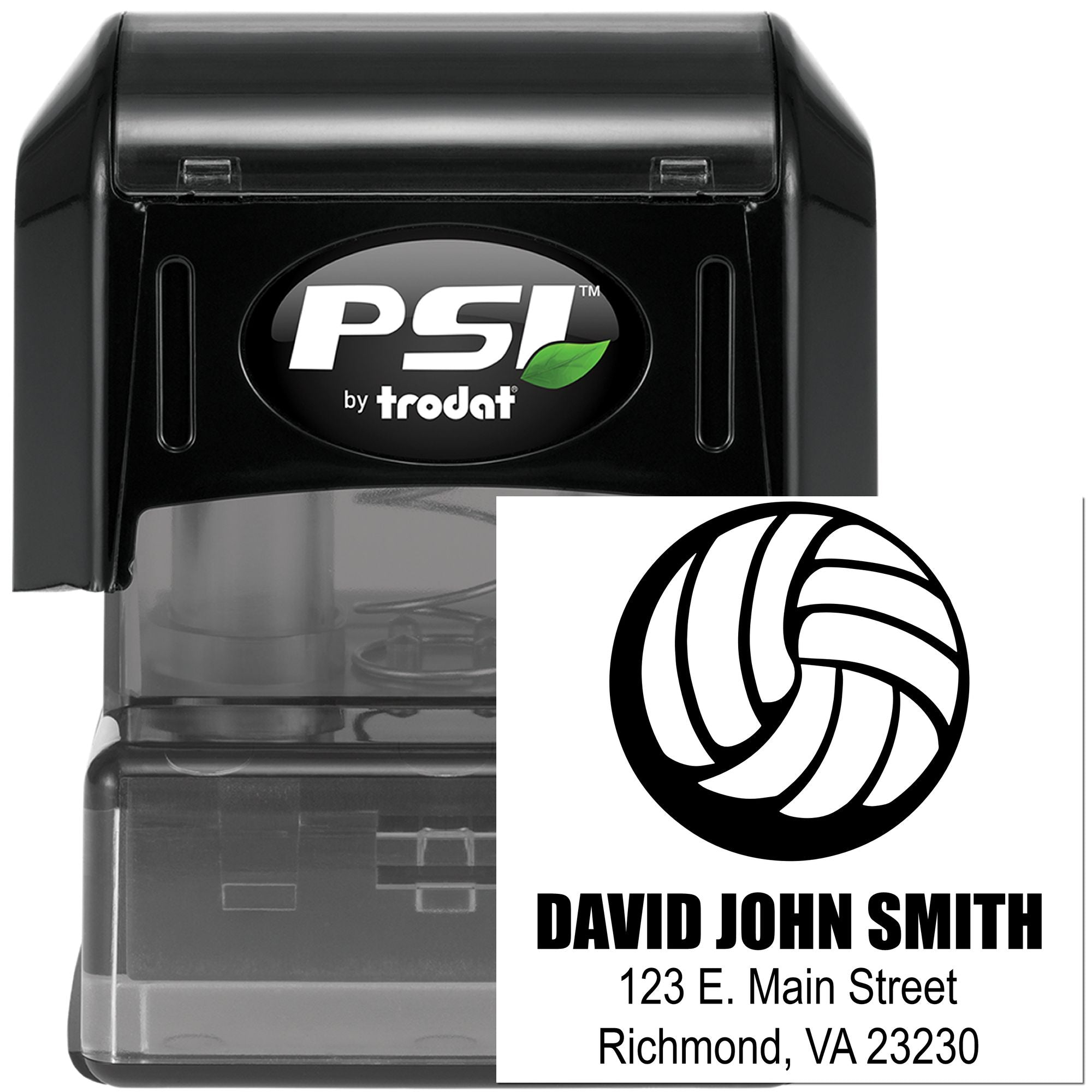 Personalized PSI Trodat self-inking rubber stamp with logo, name, and address for business mailing and branding.