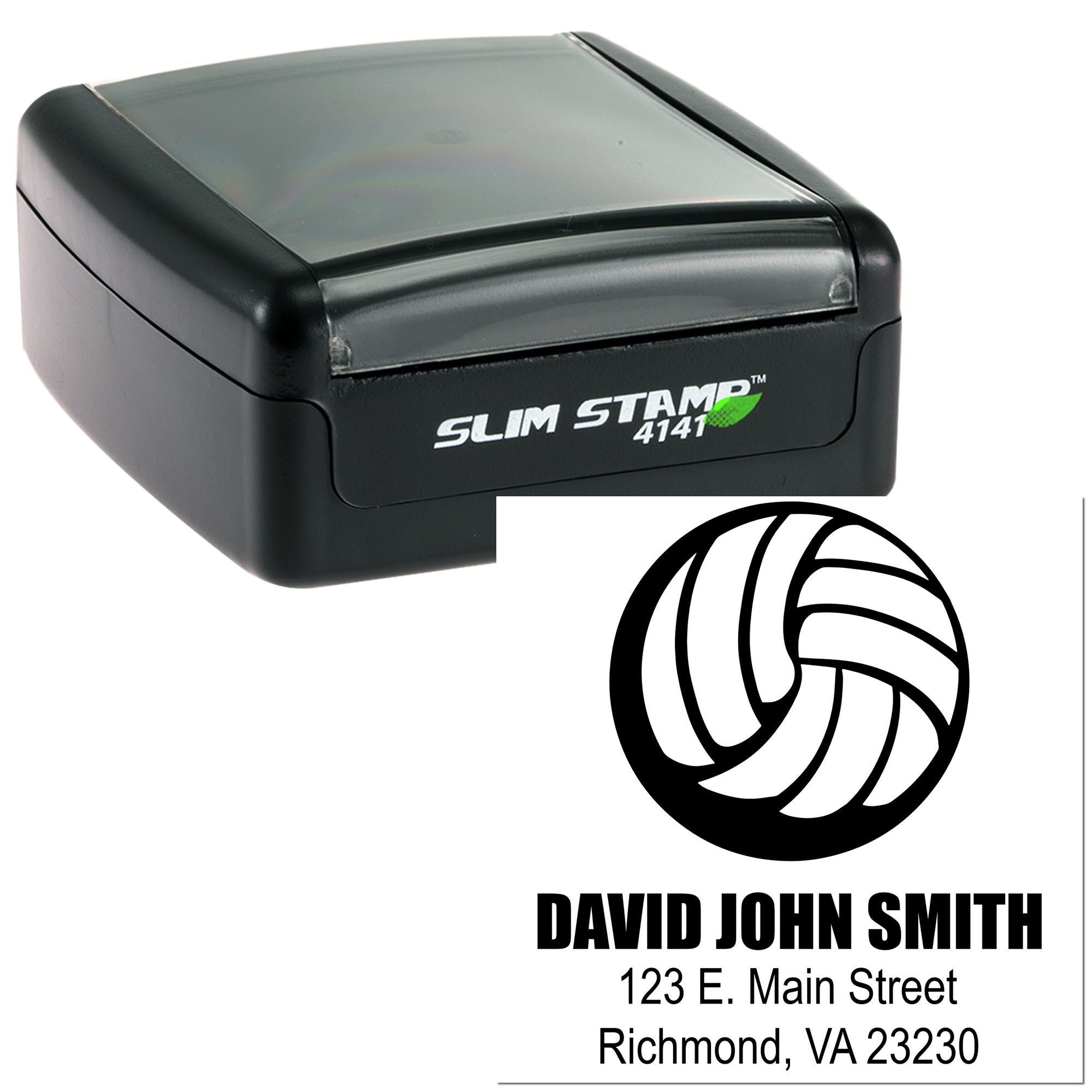 Slim Stamp 4141 custom rubber stamp with logo and address for personalized business mailing imprint.