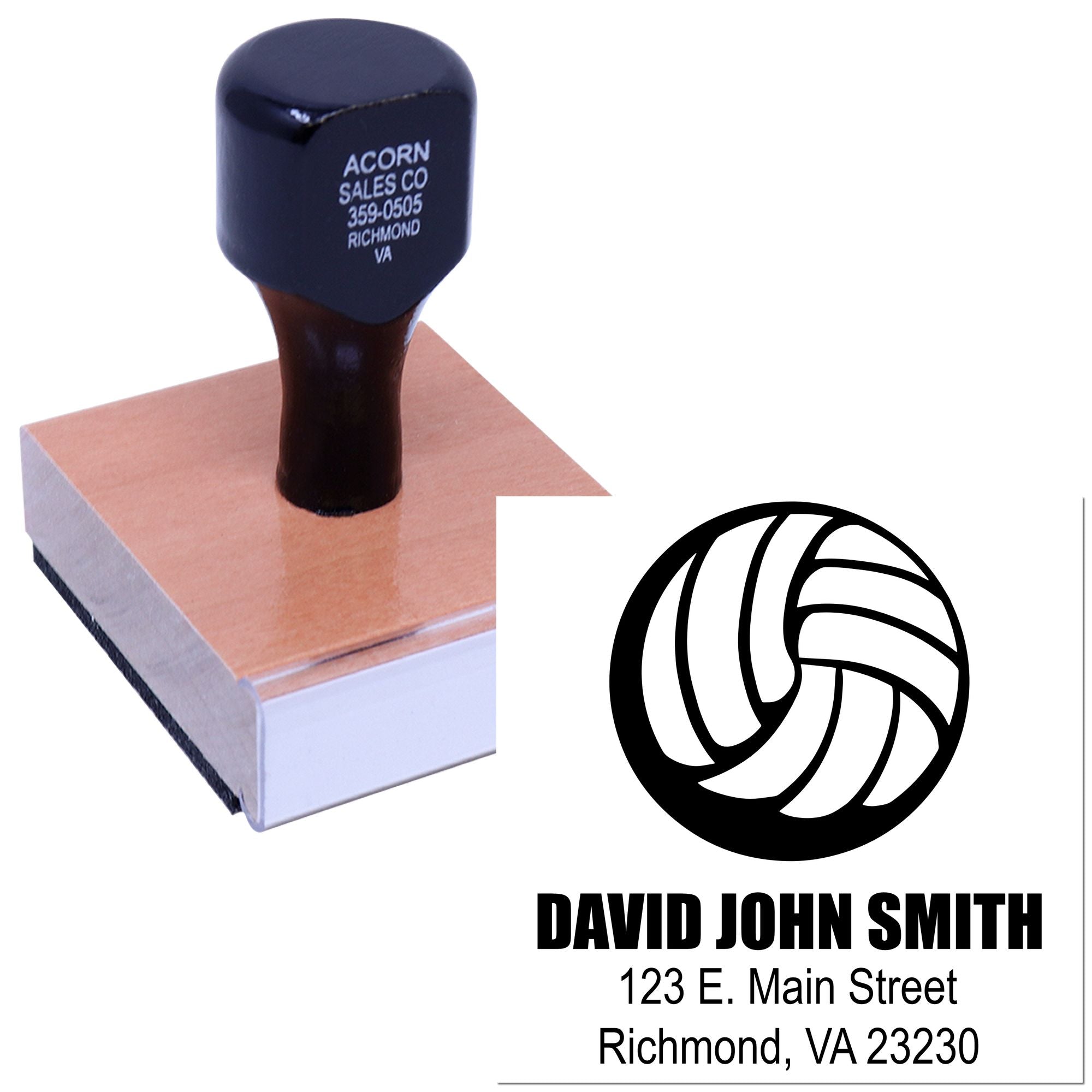 Custom business rubber stamp with logo and address, featuring David John Smith, Richmond VA, for branding and mail use.