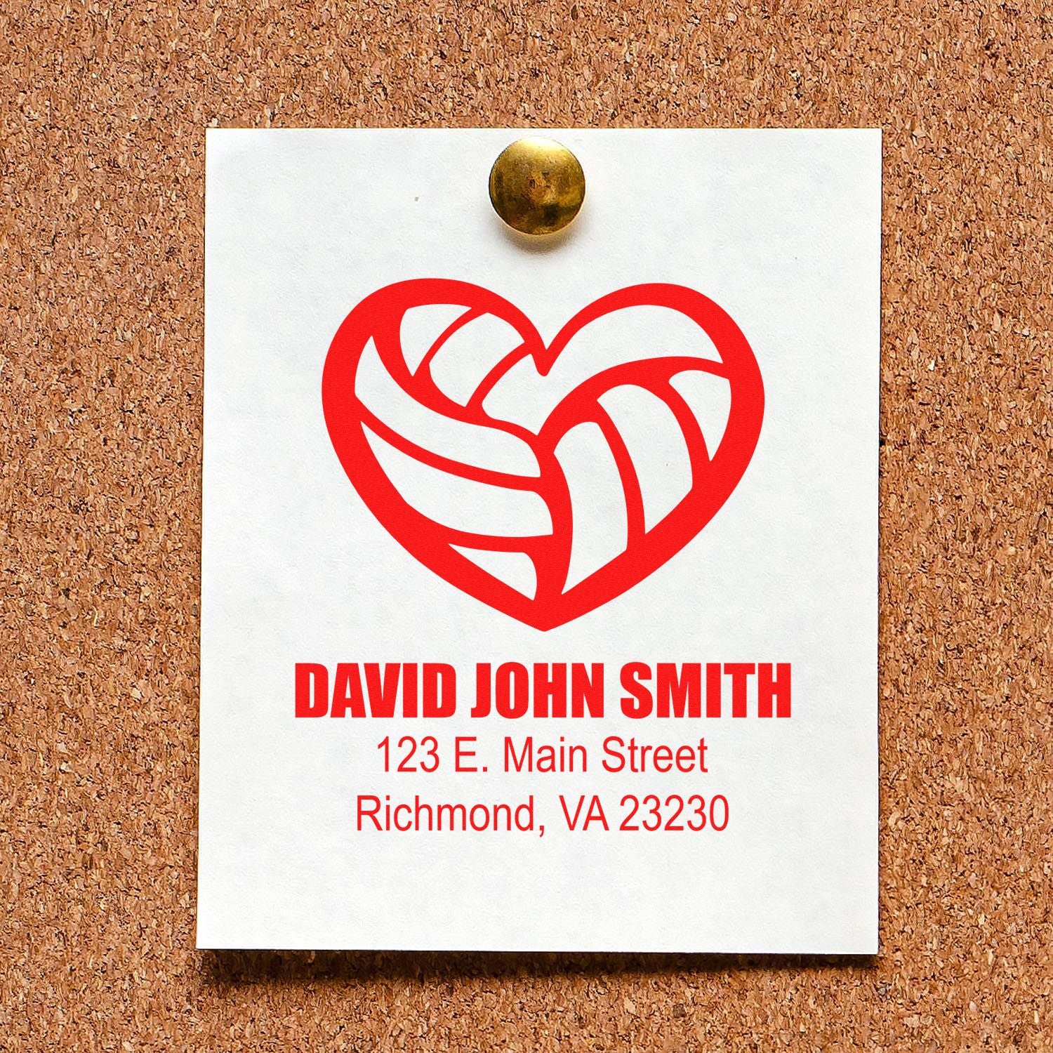 Personalized rubber address stamp proof with heart logo for David John Smith, Richmond, VA.