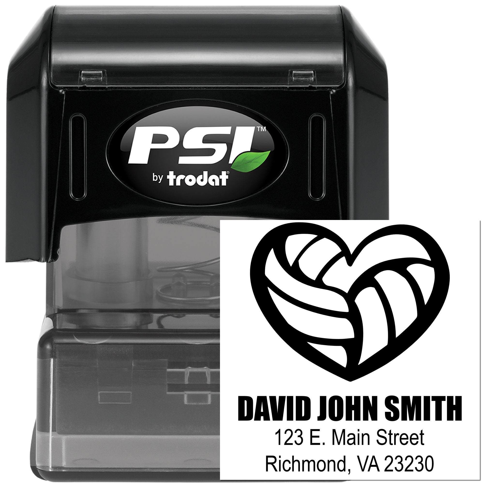PSI by Trodat custom self-inking rubber stamp with heart logo, name, and return address for mailing labels