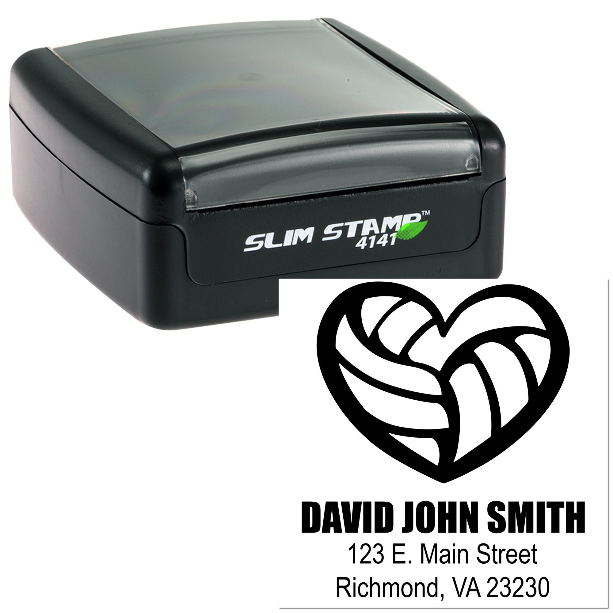 Slim Stamp 4141 custom self-inking rubber stamp with heart logo, name, and address for business mailing