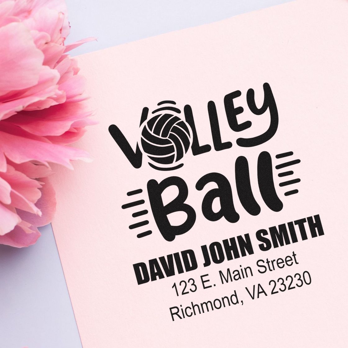 Custom volleyball rubber stamp with name and address, ideal for team stationery, player gifts, and sports event mailings.