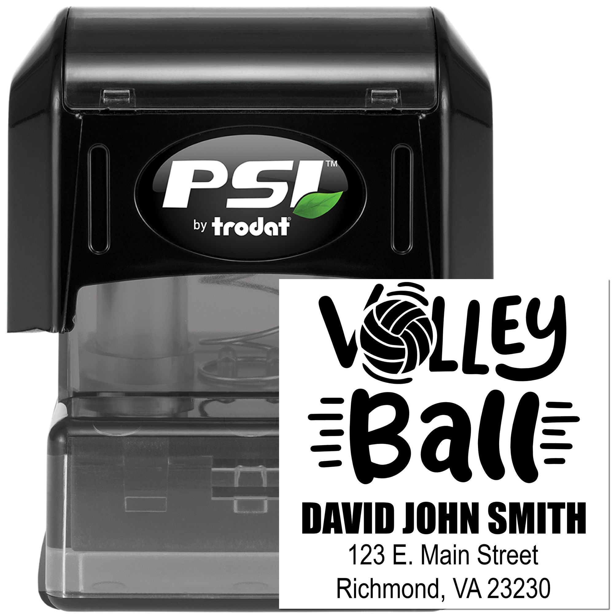 Custom PSI by Trodat self-inking rubber stamp with volleyball design, name, and address for personalized mailing or team use.