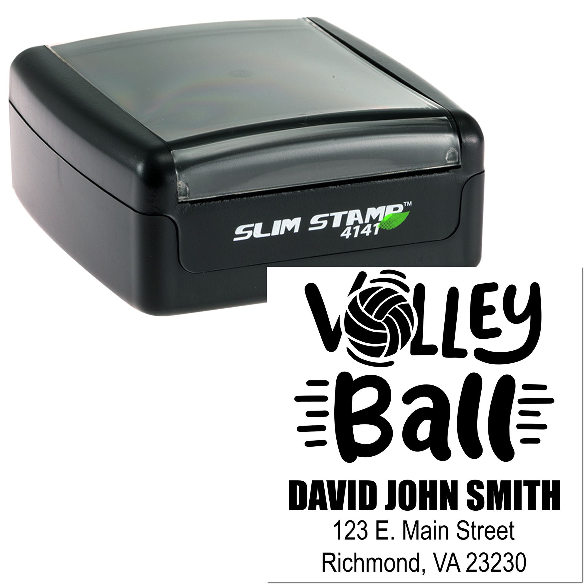 Custom self-inking rubber stamp with volleyball logo, name, and address imprint for personalized return address use.