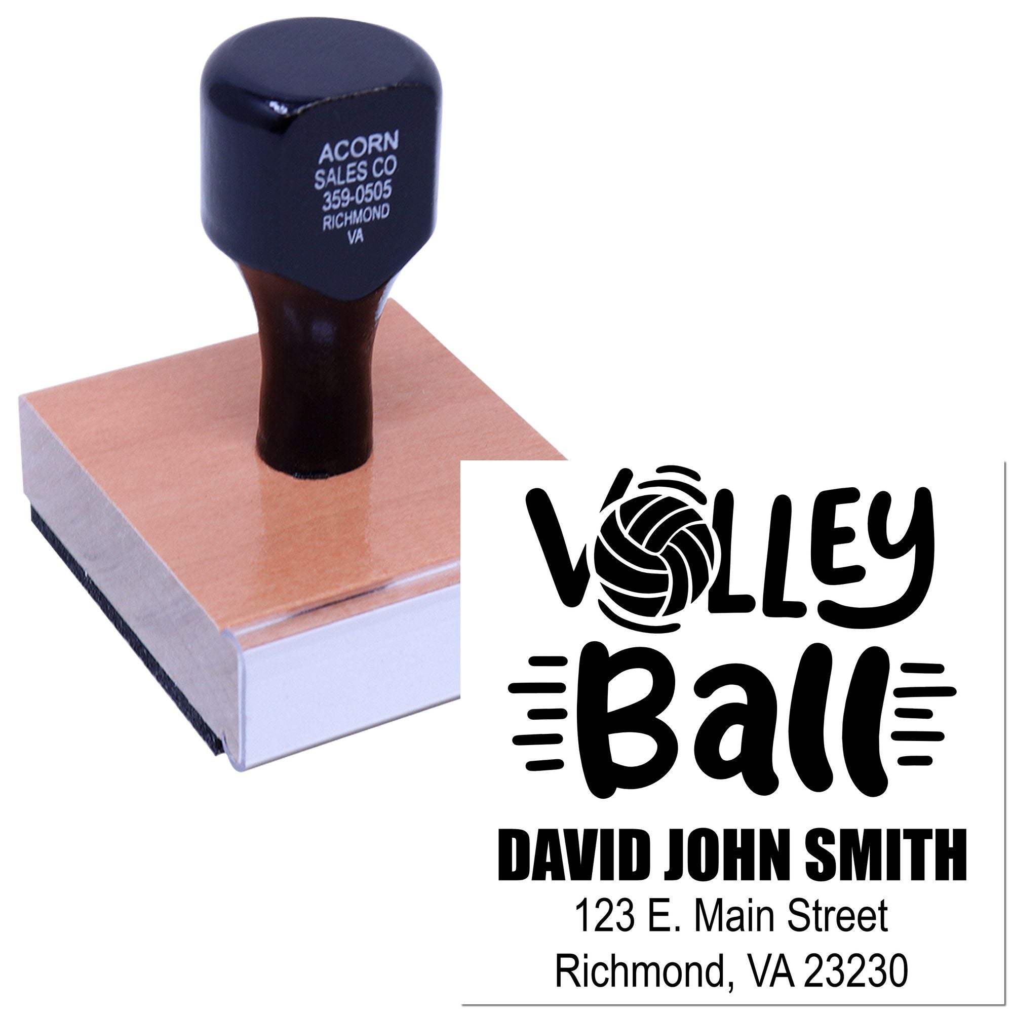 Custom volleyball rubber stamp with personalized name and address for sports teams, event branding, or mailings.