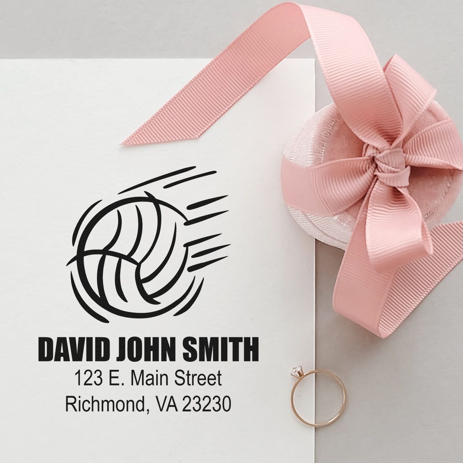 Custom return address rubber stamp with monogram for wedding invitations and envelopes, featuring David John Smith in Richmond, VA.