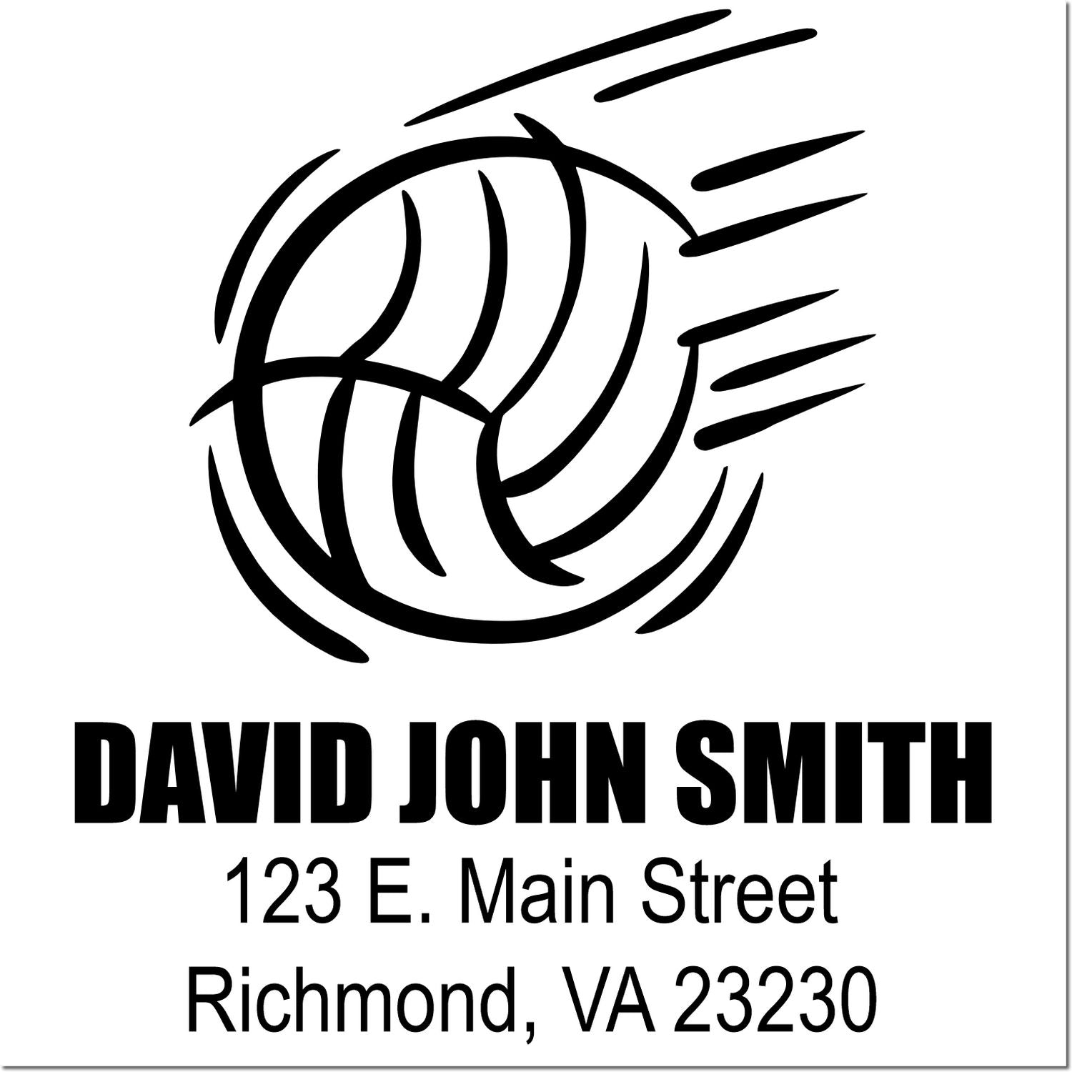 Custom return address rubber stamp for David John Smith, 123 E. Main Street, Richmond, VA 23230, with abstract logo.