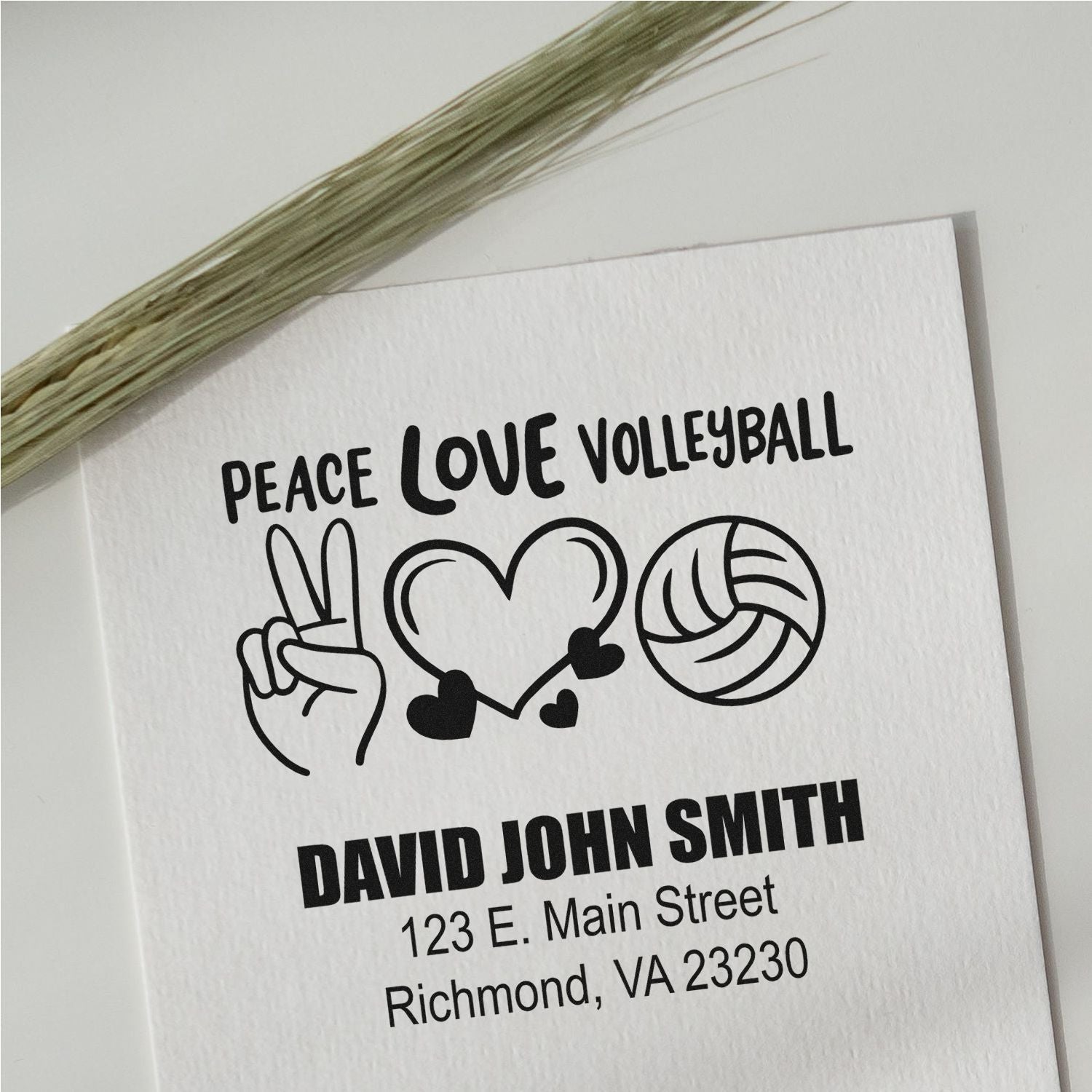 Custom rubber stamp with Peace Love Volleyball design and personalized return address for David John Smith in Richmond, VA.