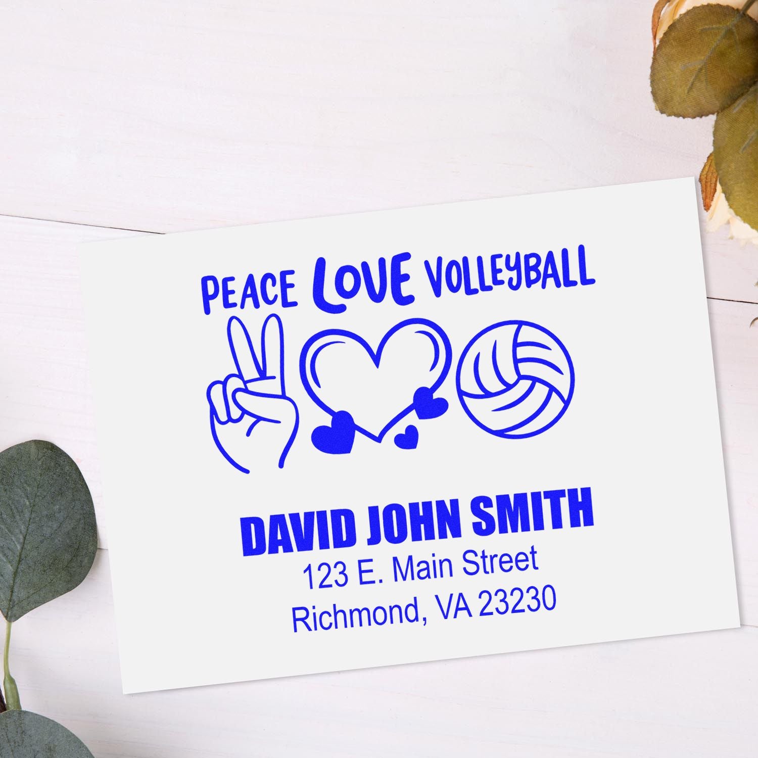 Custom volleyball return address rubber stamp with Peace Love Volleyball design, personalized name, and address.