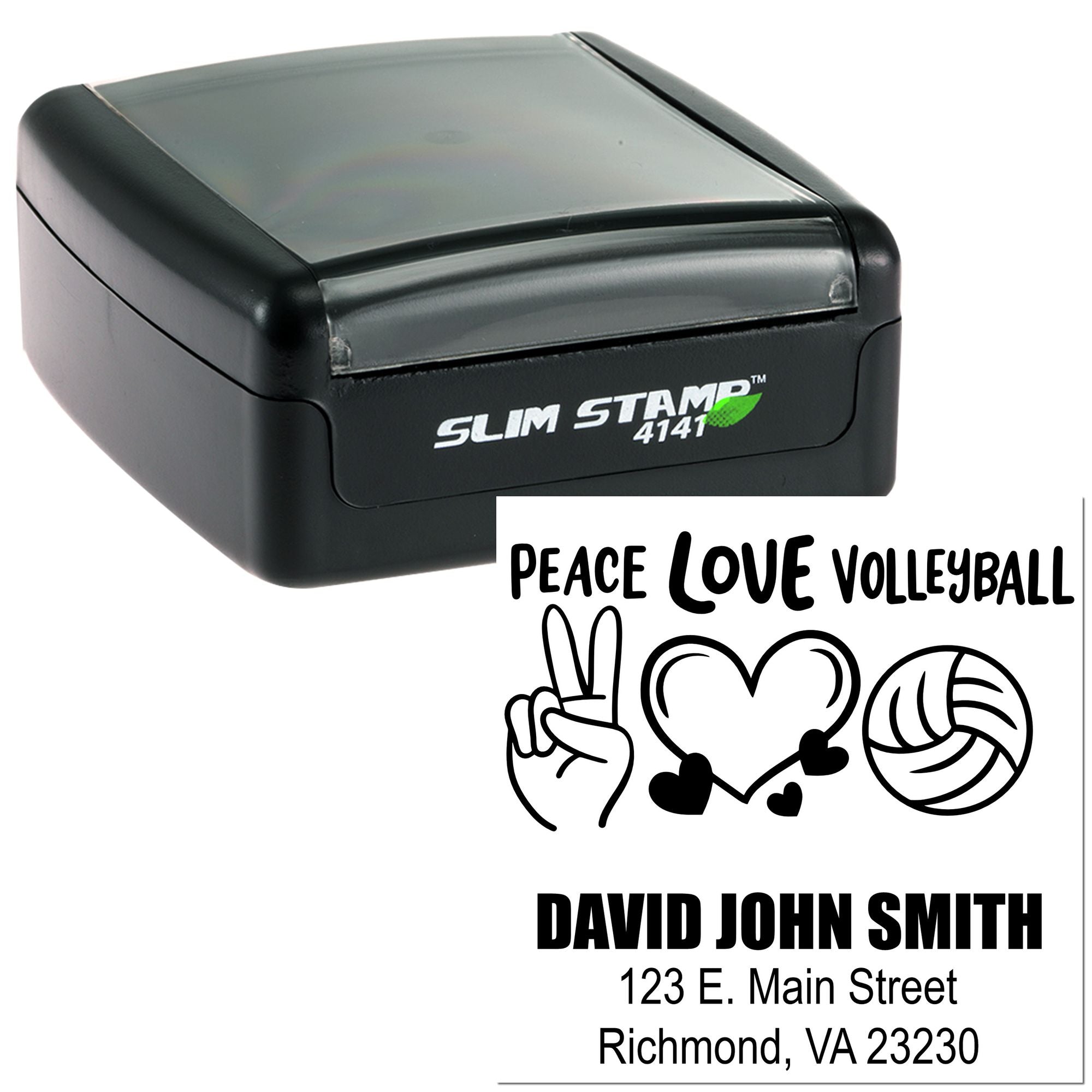 Custom self-inking rubber stamp with peace love volleyball design, personalized name and address imprint.
