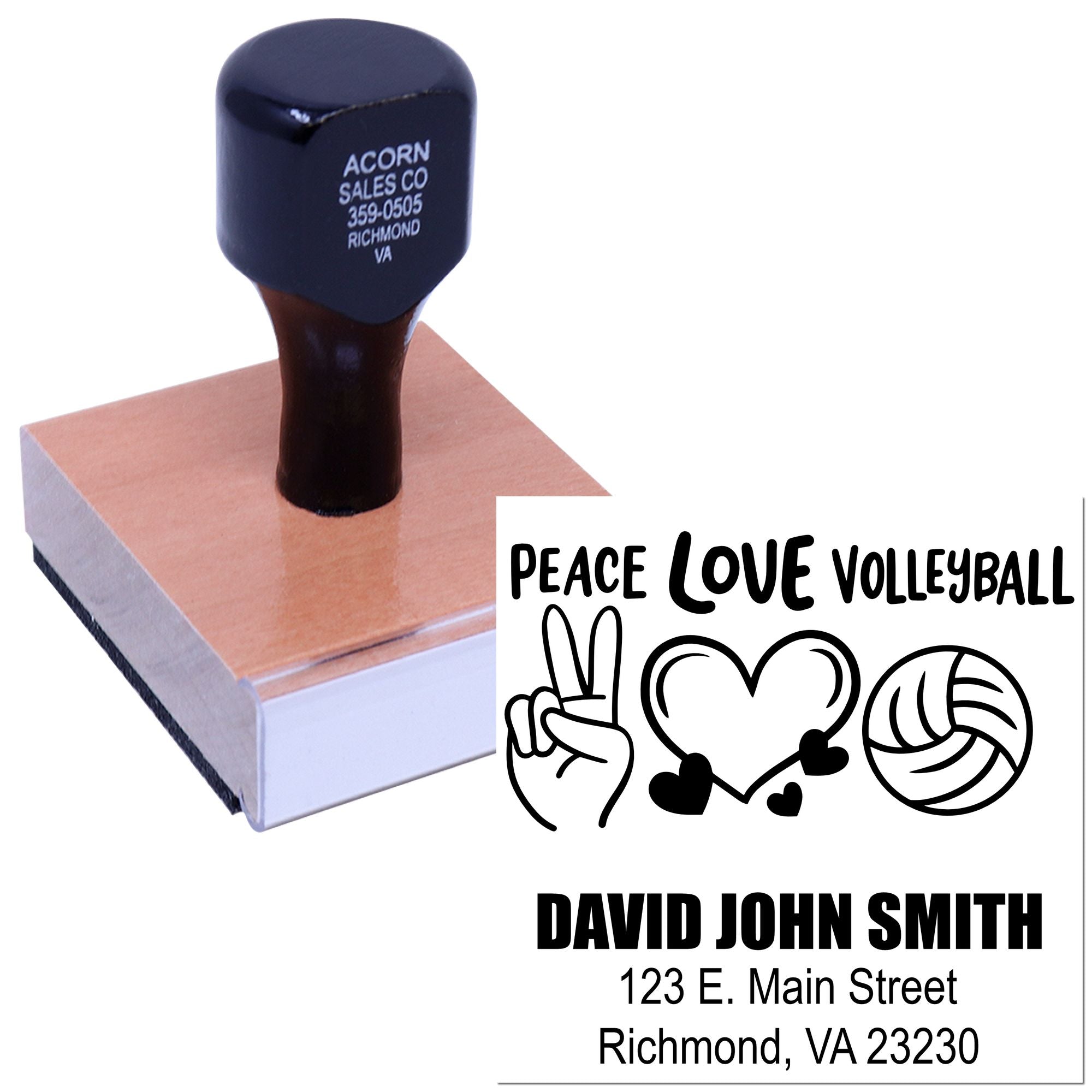 Personalized volleyball rubber stamp with Peace Love Volleyball design, name, and address for custom mailings and crafts.