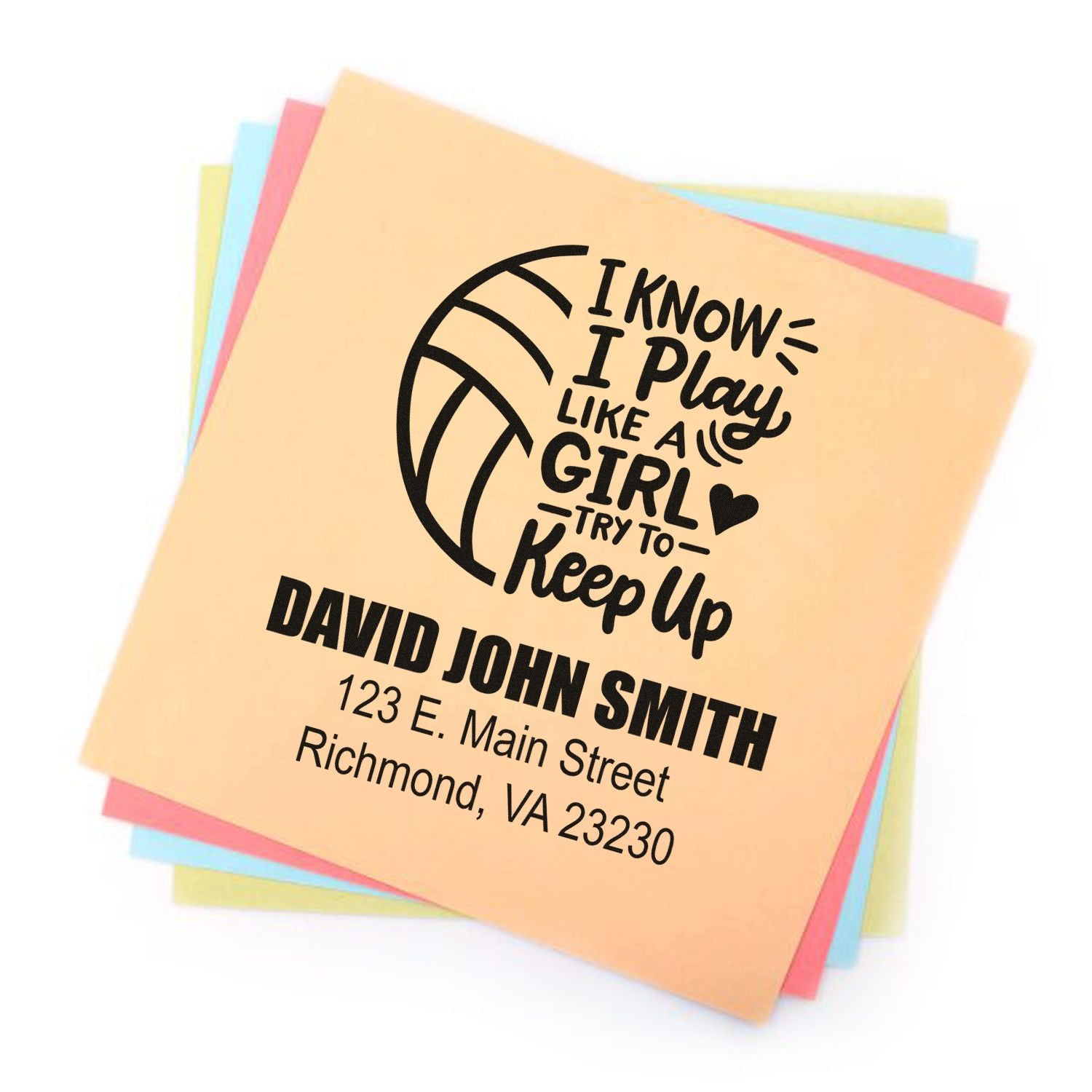 Custom rubber stamp with motivational I Know I Play Like a Girl design, name, and address for personalized stationery.