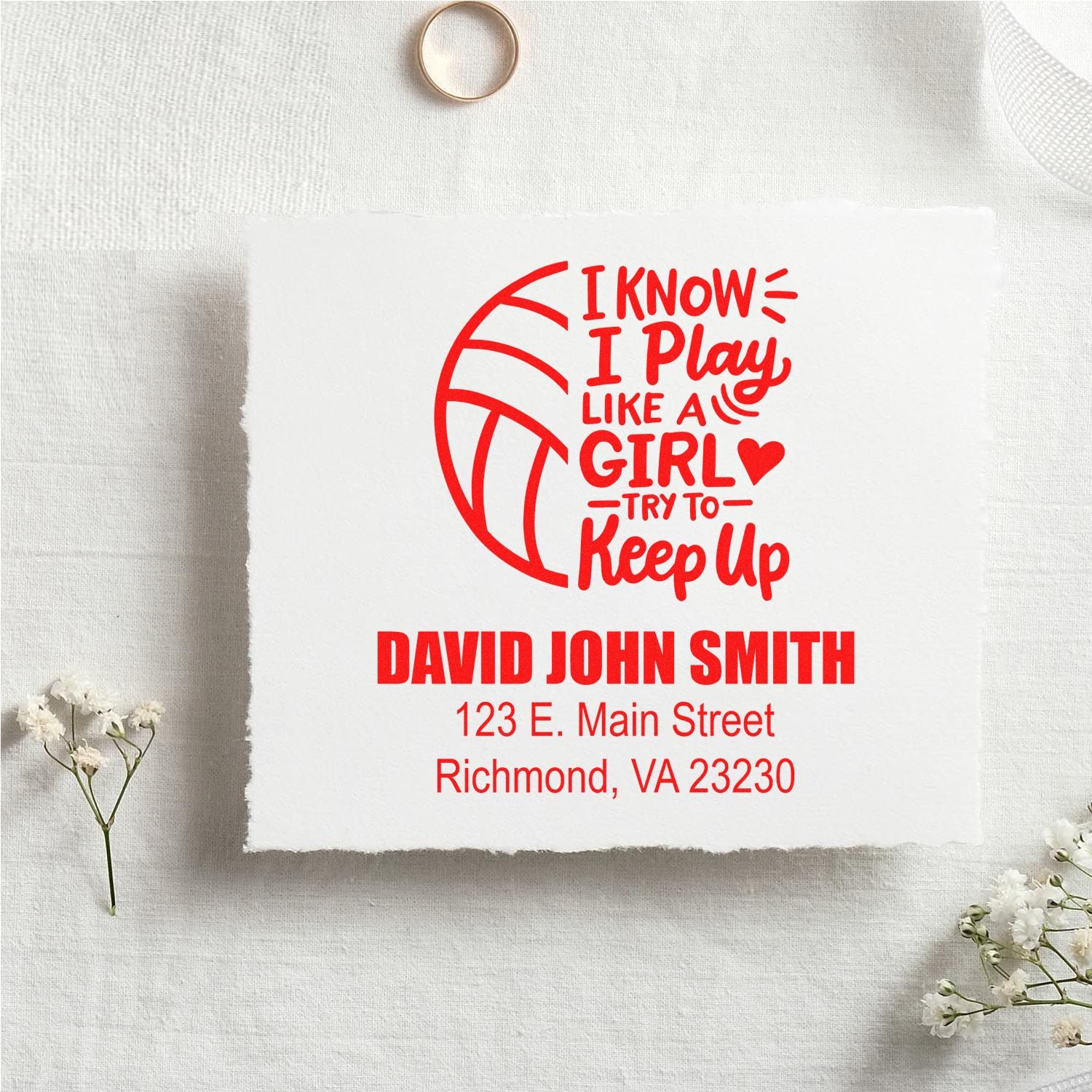 Personalized volleyball rubber stamp with I Know I Play Like a Girl design, name, and return address.