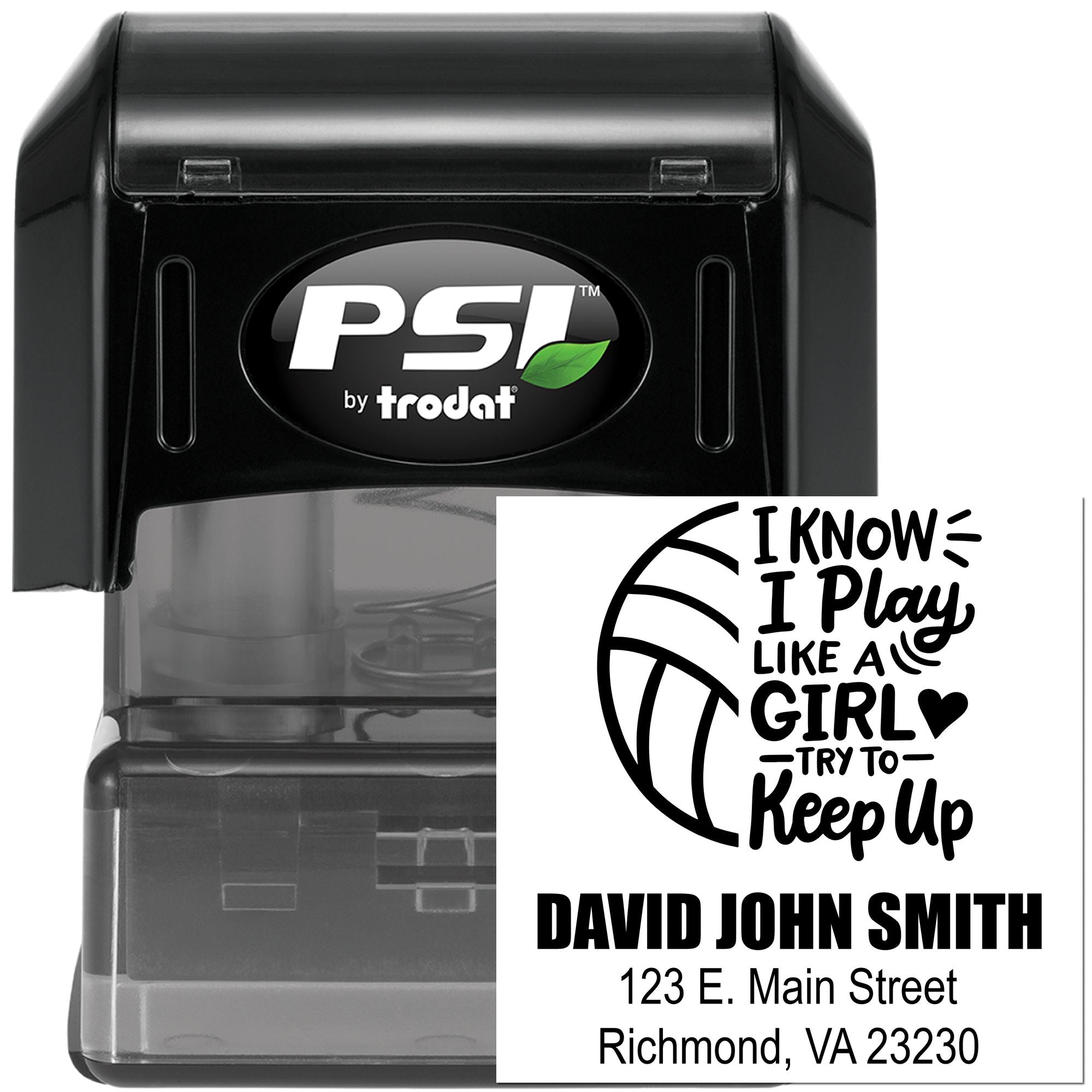 Custom self-inking rubber stamp by PSI/Trodat with basketball quote, name, and address for personalized return address use.