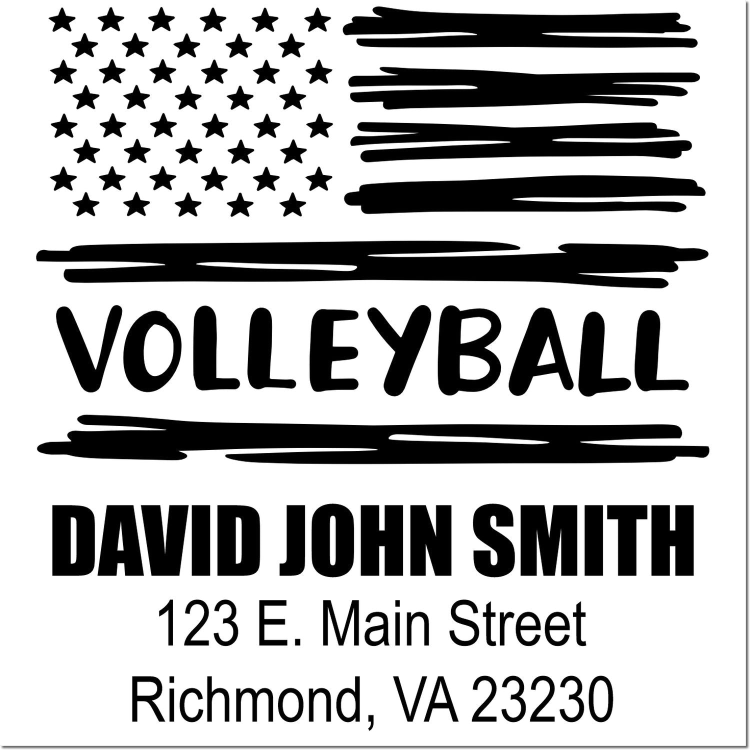 Custom volleyball rubber stamp with American flag design, name David John Smith, and Richmond, VA address.