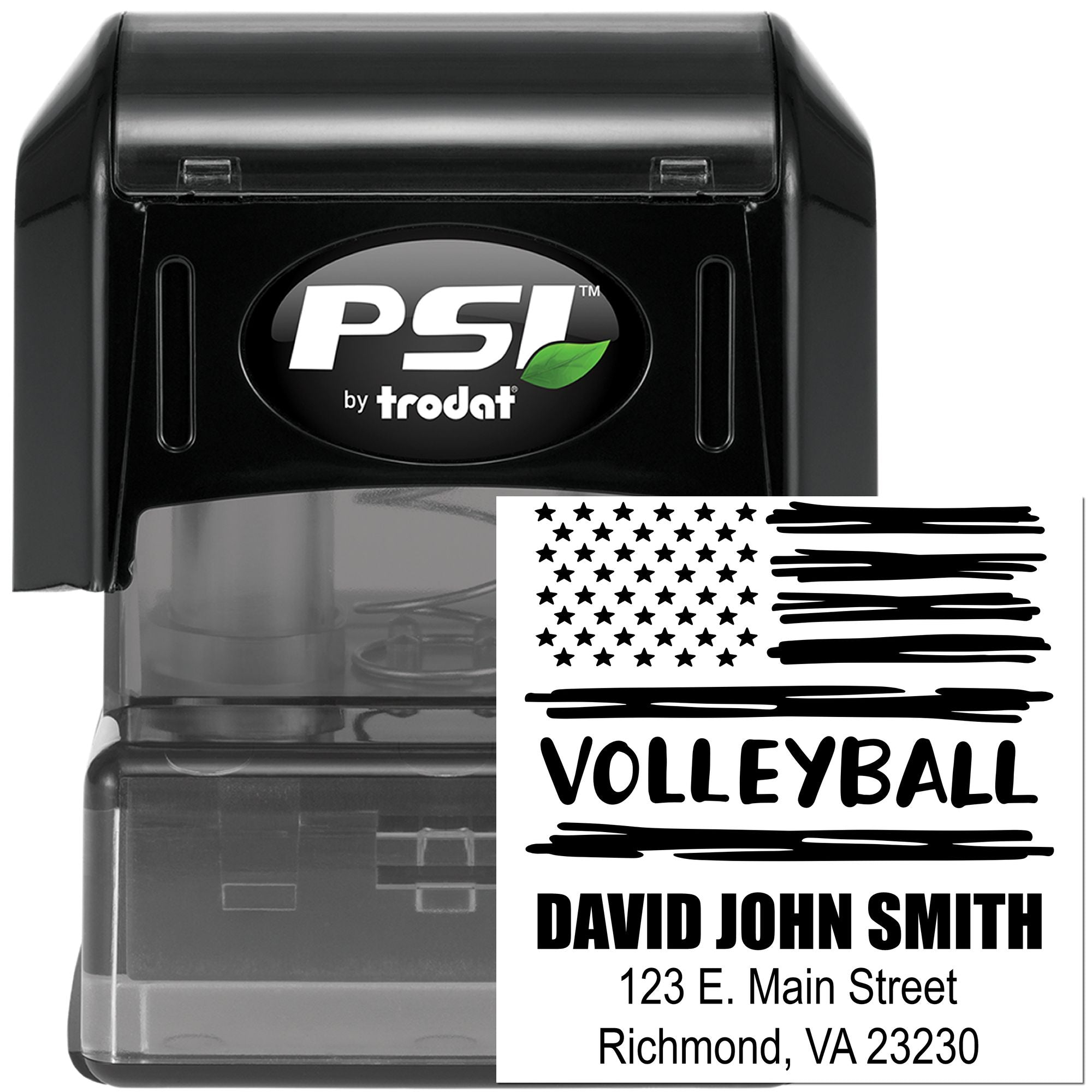Personalized self-inking rubber stamp with volleyball design and custom name and address by PSI Trodat.