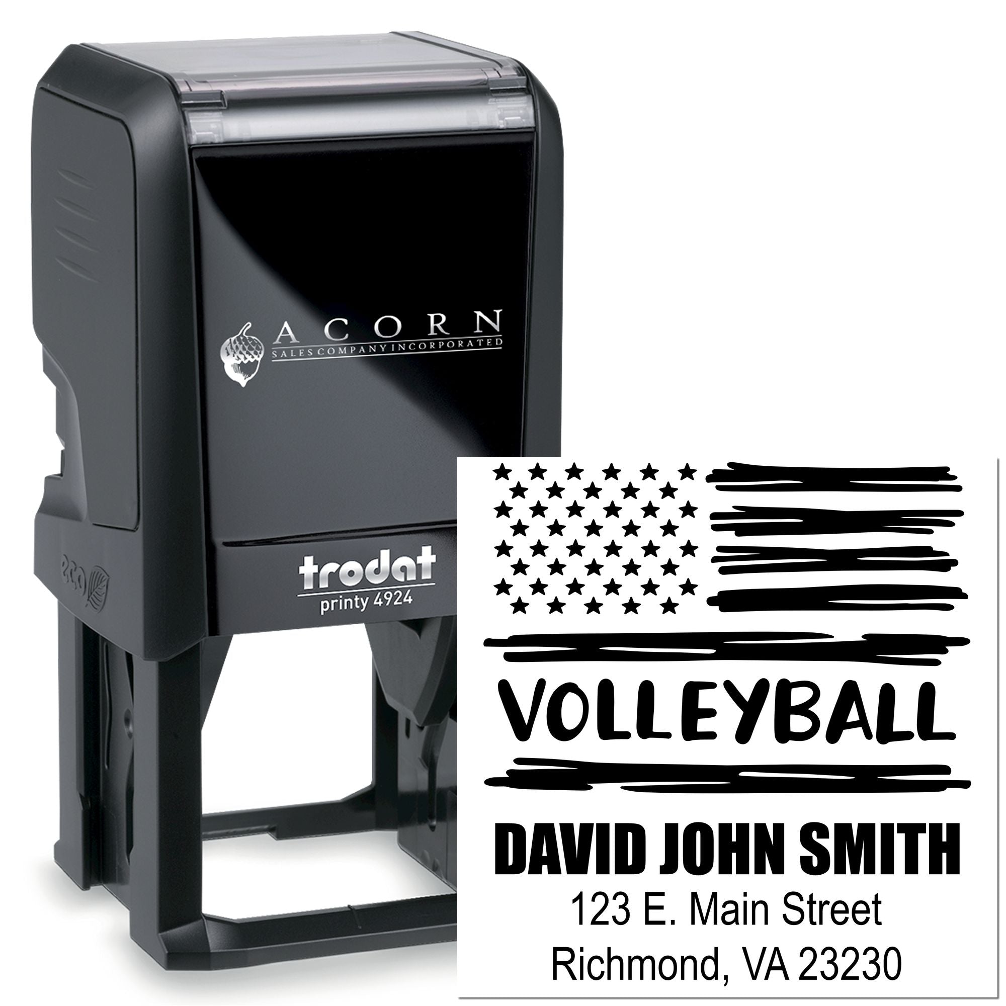 Trodat Printy 4924 custom self-inking rubber stamp for volleyball team name, logo, and address.