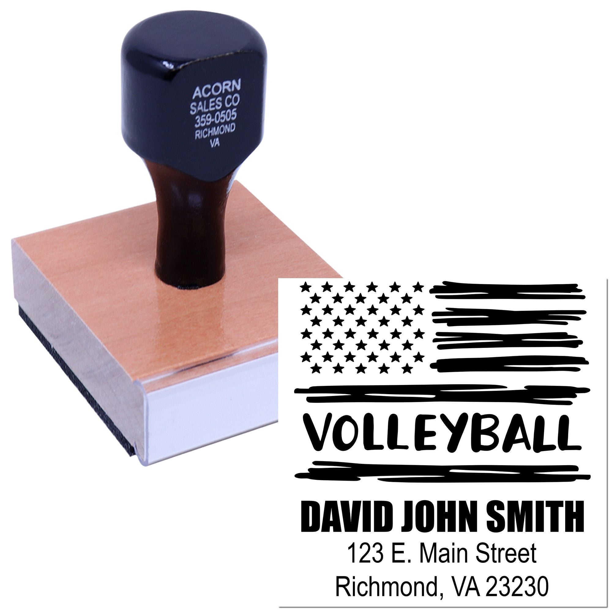 Self-inking custom rubber stamp with volleyball and USA flag design for personalized return address stamping.