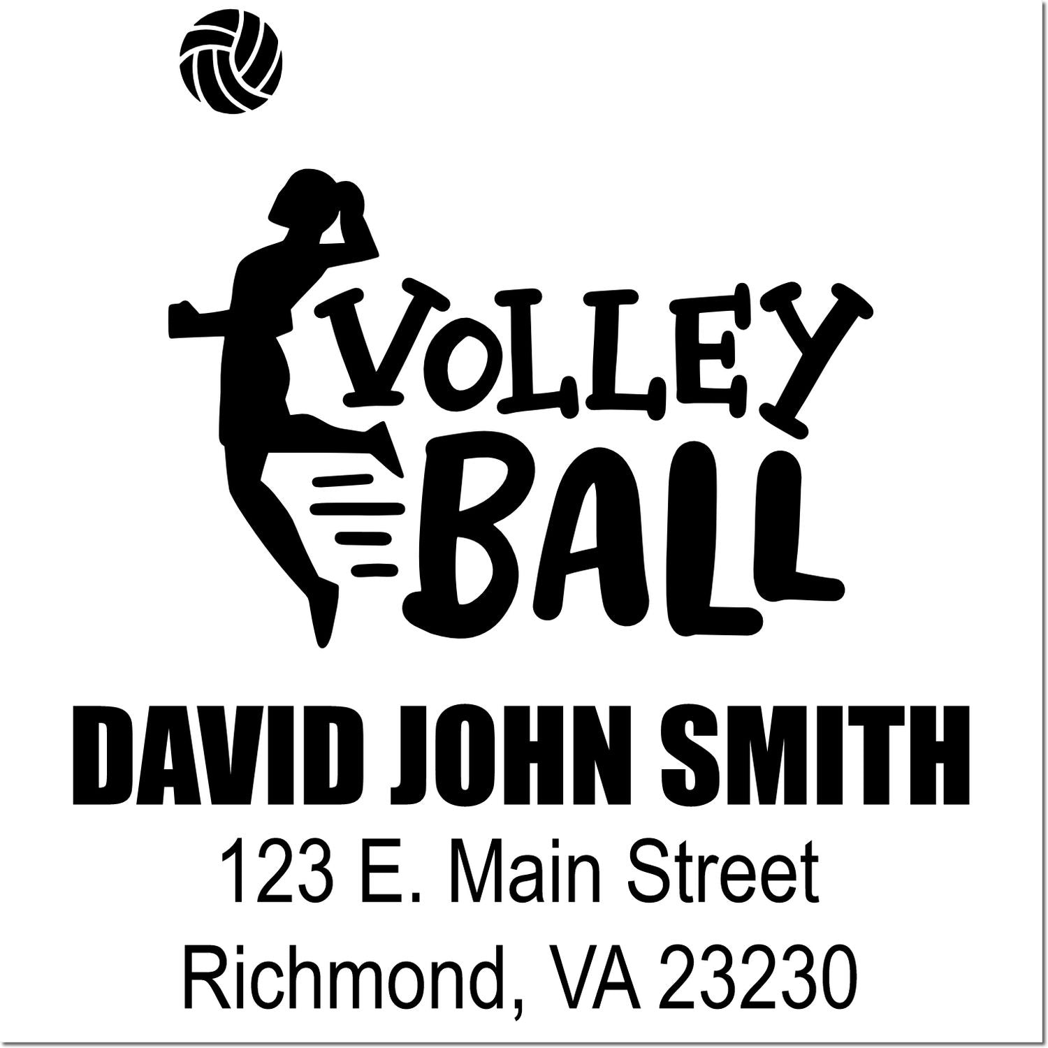 Custom volleyball rubber stamp with player silhouette, David John Smith name, and Richmond, VA address for mailing labels.