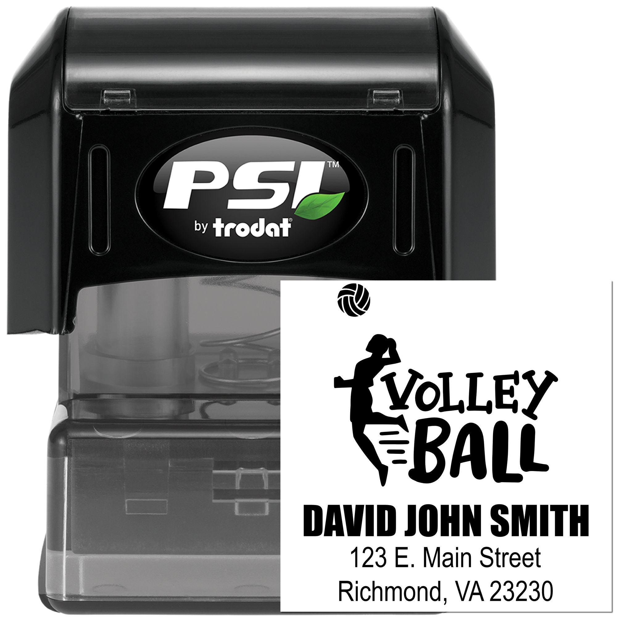 Custom self-inking PSI by Trodat rubber stamp with Volleyball Ball design, David John Smith name, and Richmond, VA address.