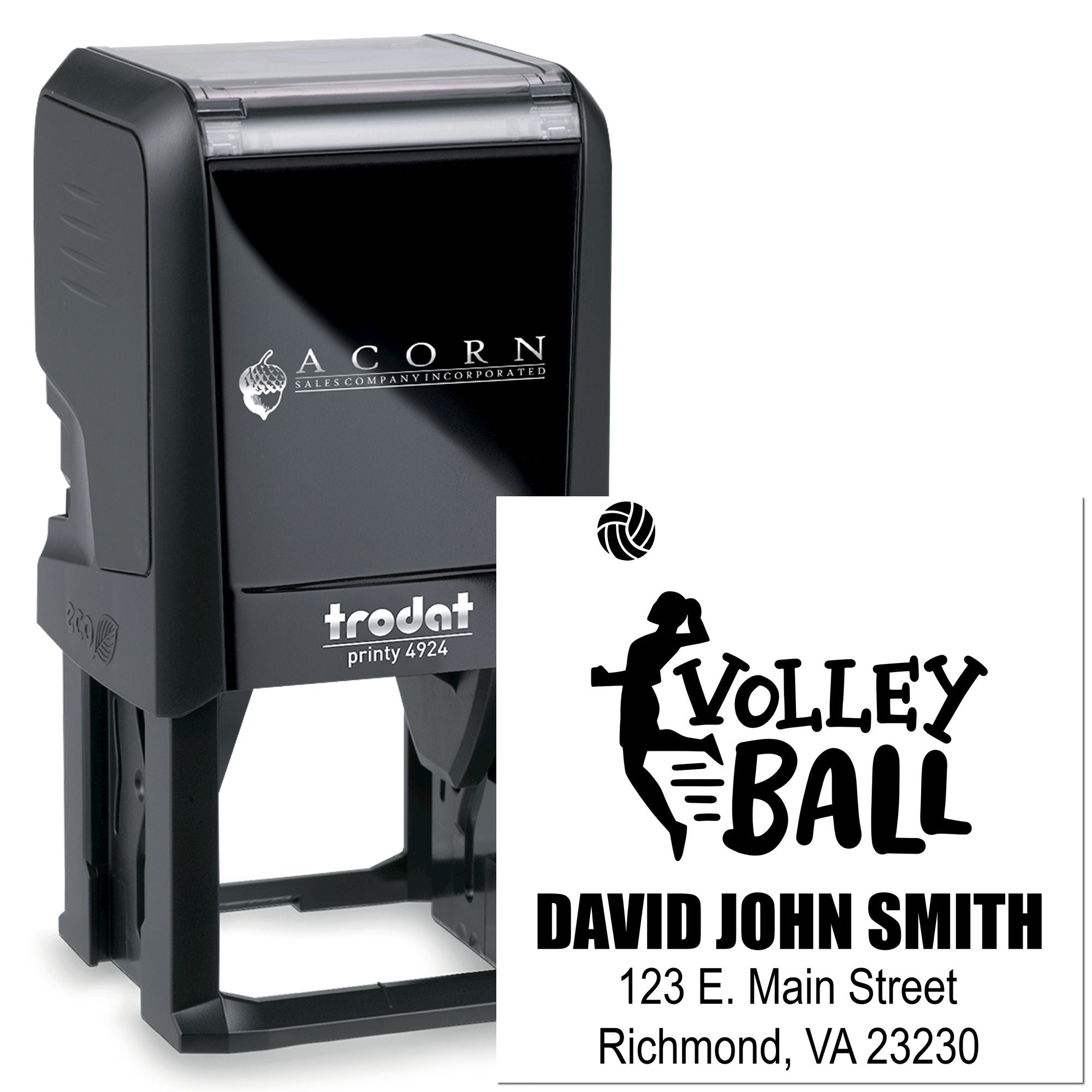 Custom self-inking rubber stamp with volleyball logo, Volley Ball text, and David John Smith address imprint.