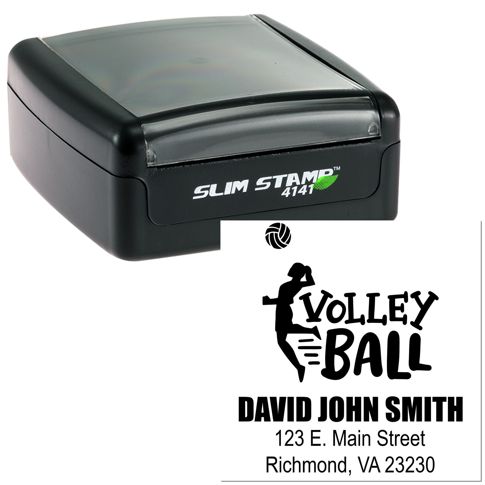 Custom volleyball return address rubber stamp with athlete design, name, and address for personalized mailings.