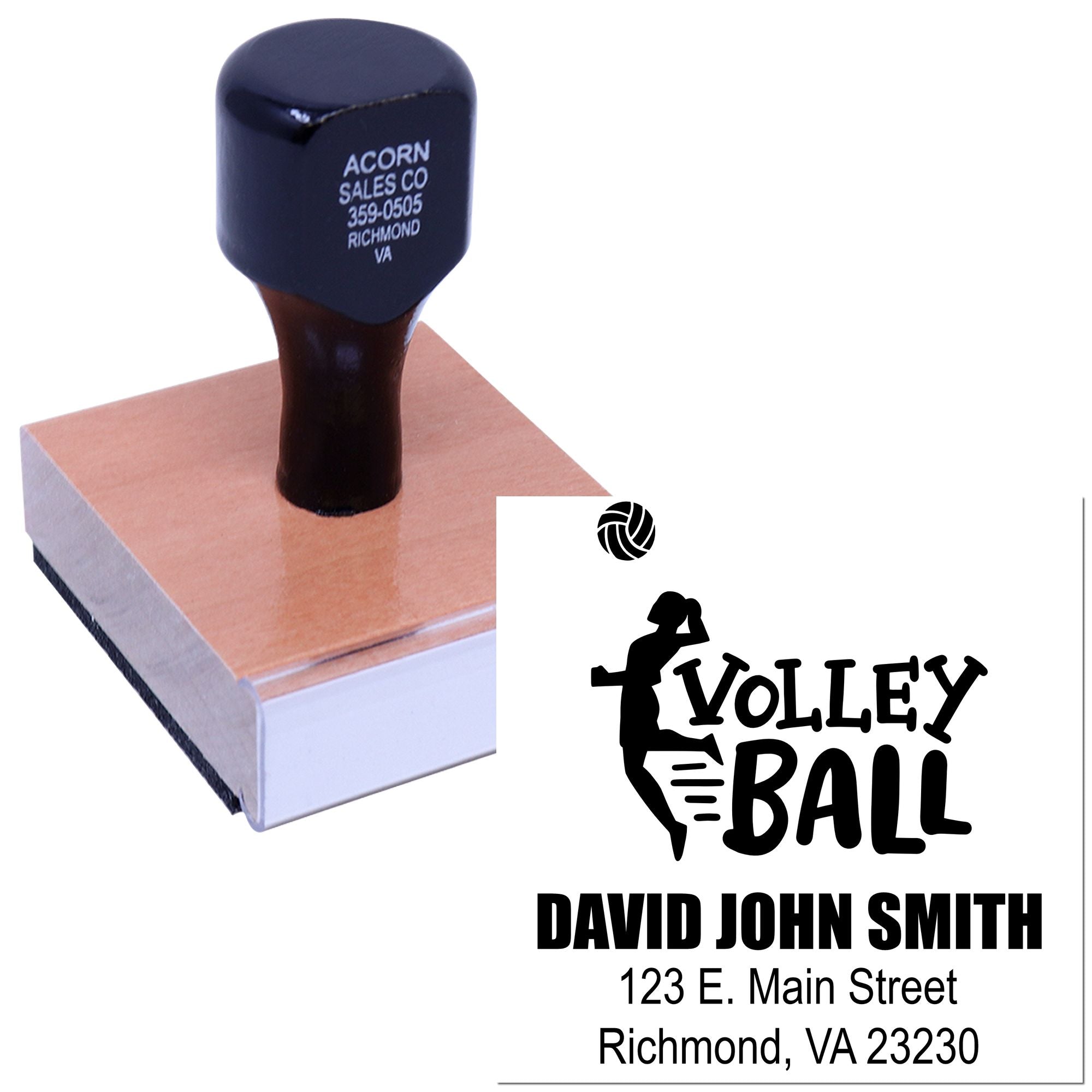 Custom rubber stamp with volleyball logo imprint and personalized name, address, and contact details.