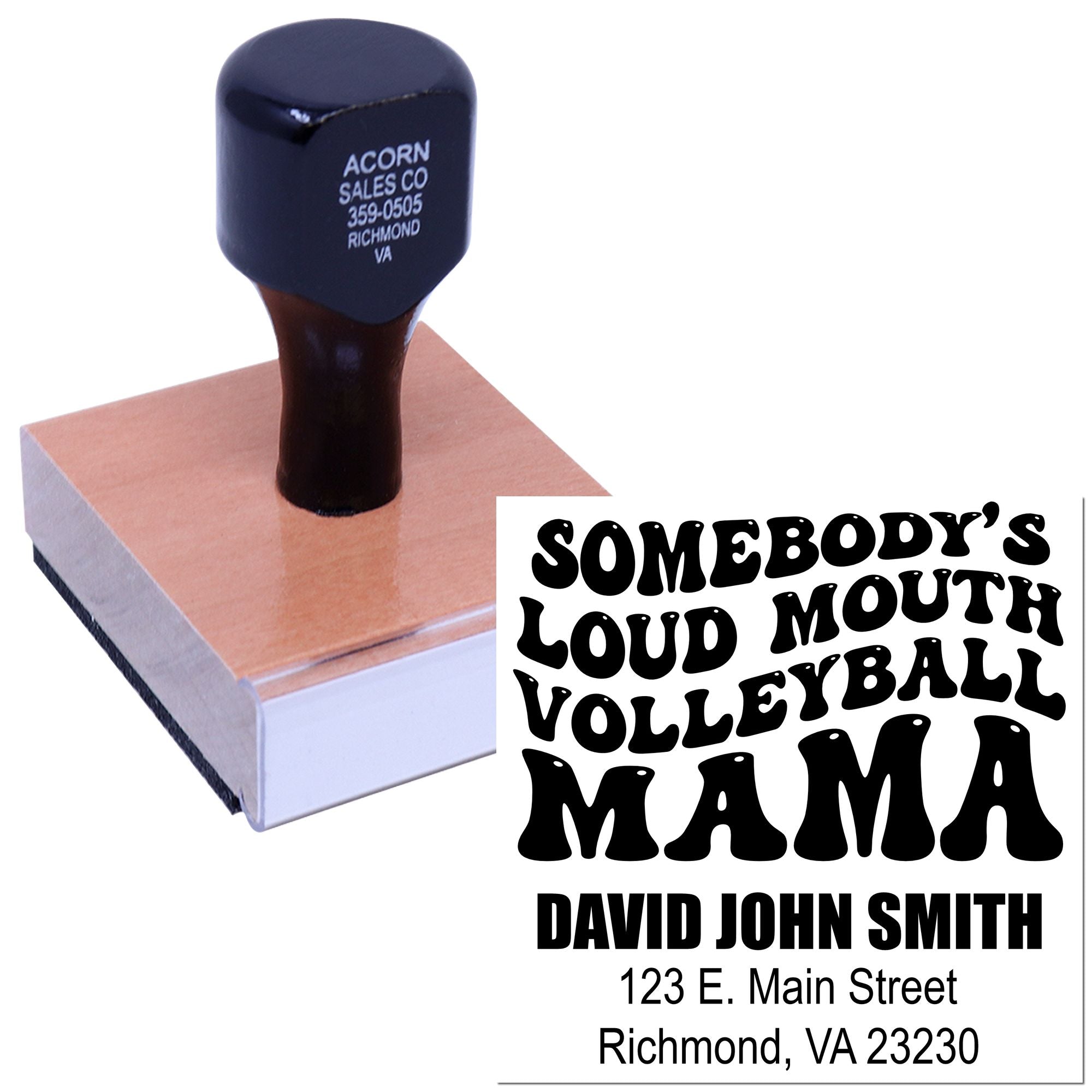 Custom rubber stamp sample with personalized name, address, and Volleyball Mama design for mailing or branding.