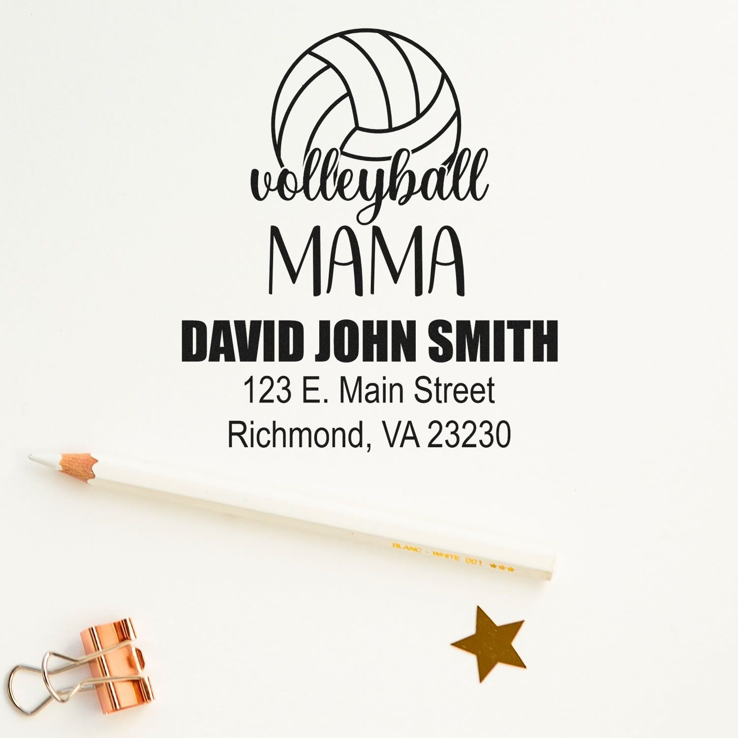 Personalized volleyball mama rubber stamp with name and address for custom return address labeling.