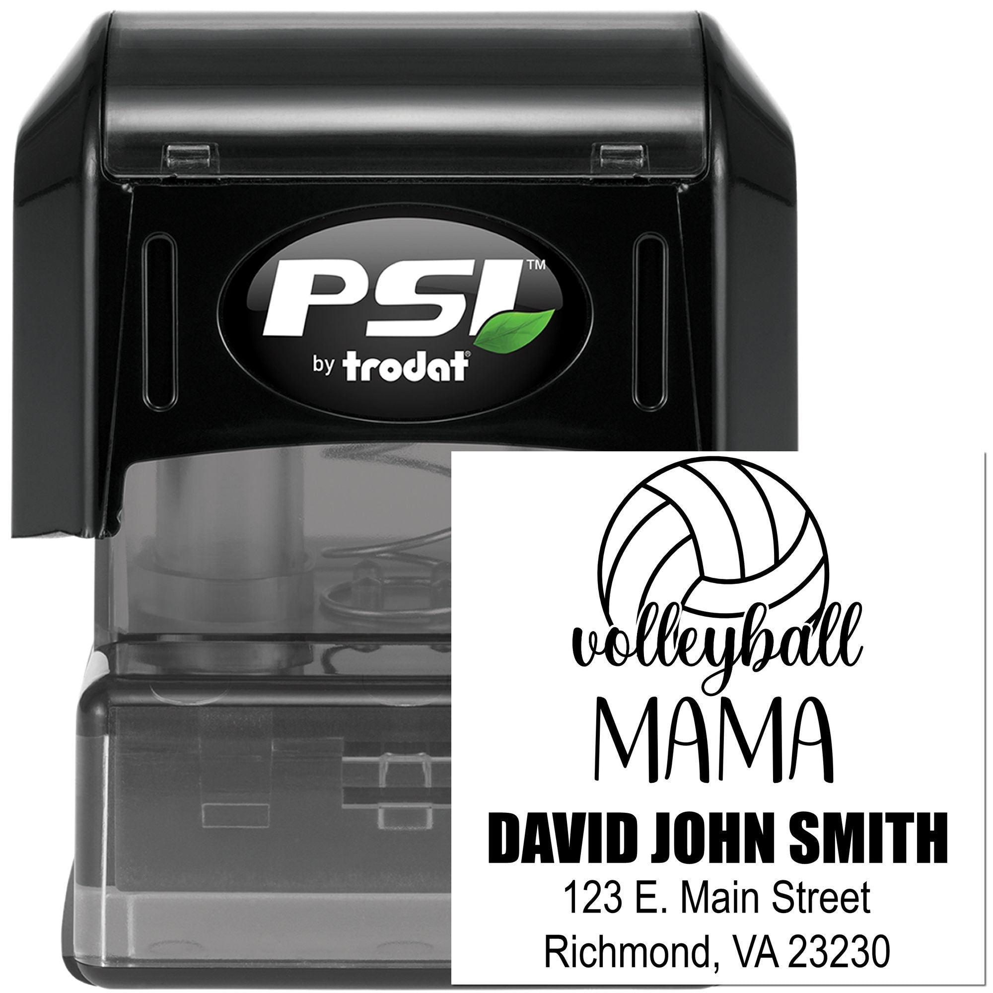 Custom self-inking rubber address stamp with volleyball mama design, name, and Richmond VA address, PSI by Trodat.