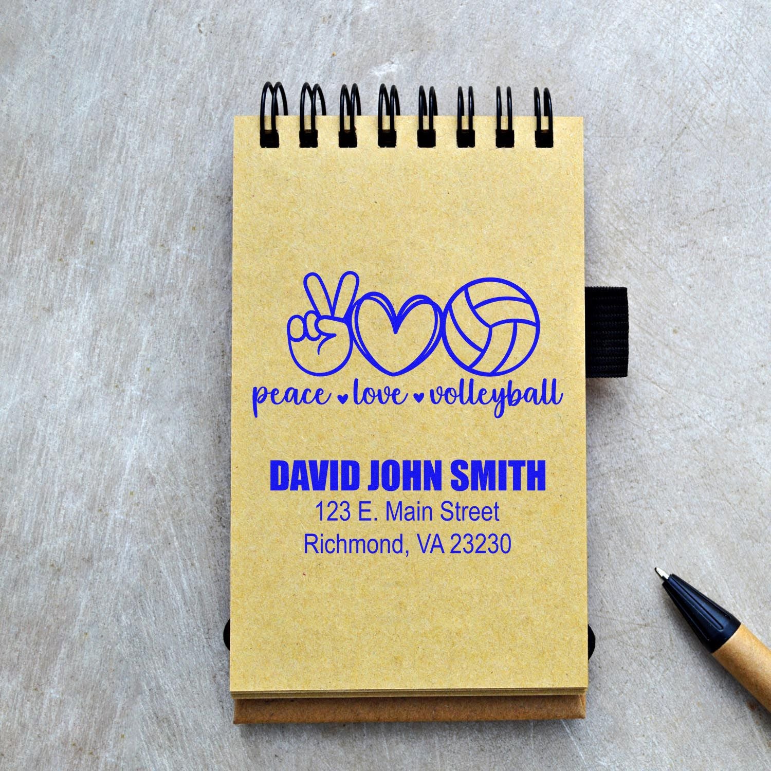 Custom volleyball rubber stamp with peace love volleyball design, personalized name and address for stationery or return labels.