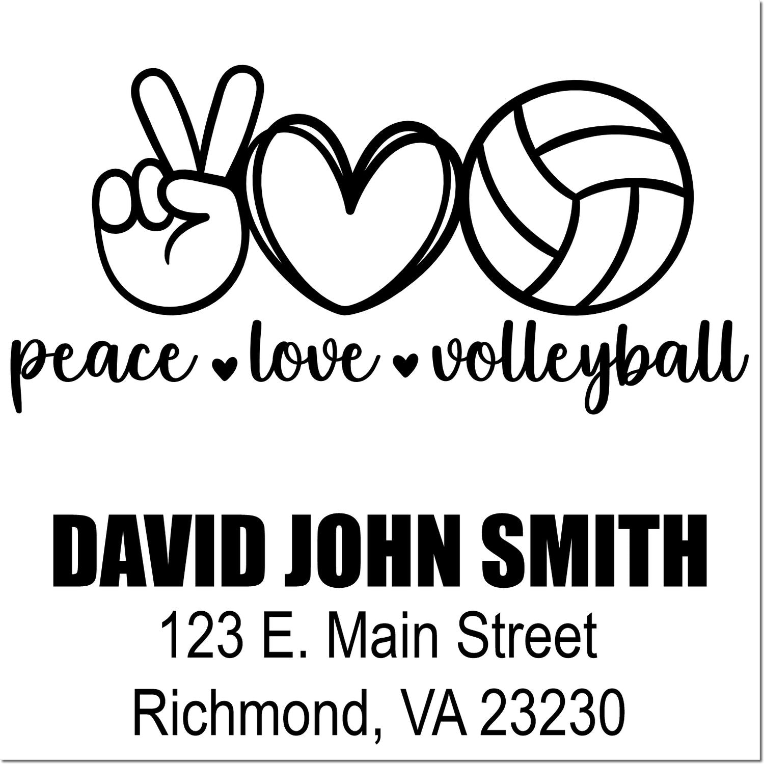 Personalized peace love volleyball rubber stamp with name and address, custom return address stamp for volleyball fans.
