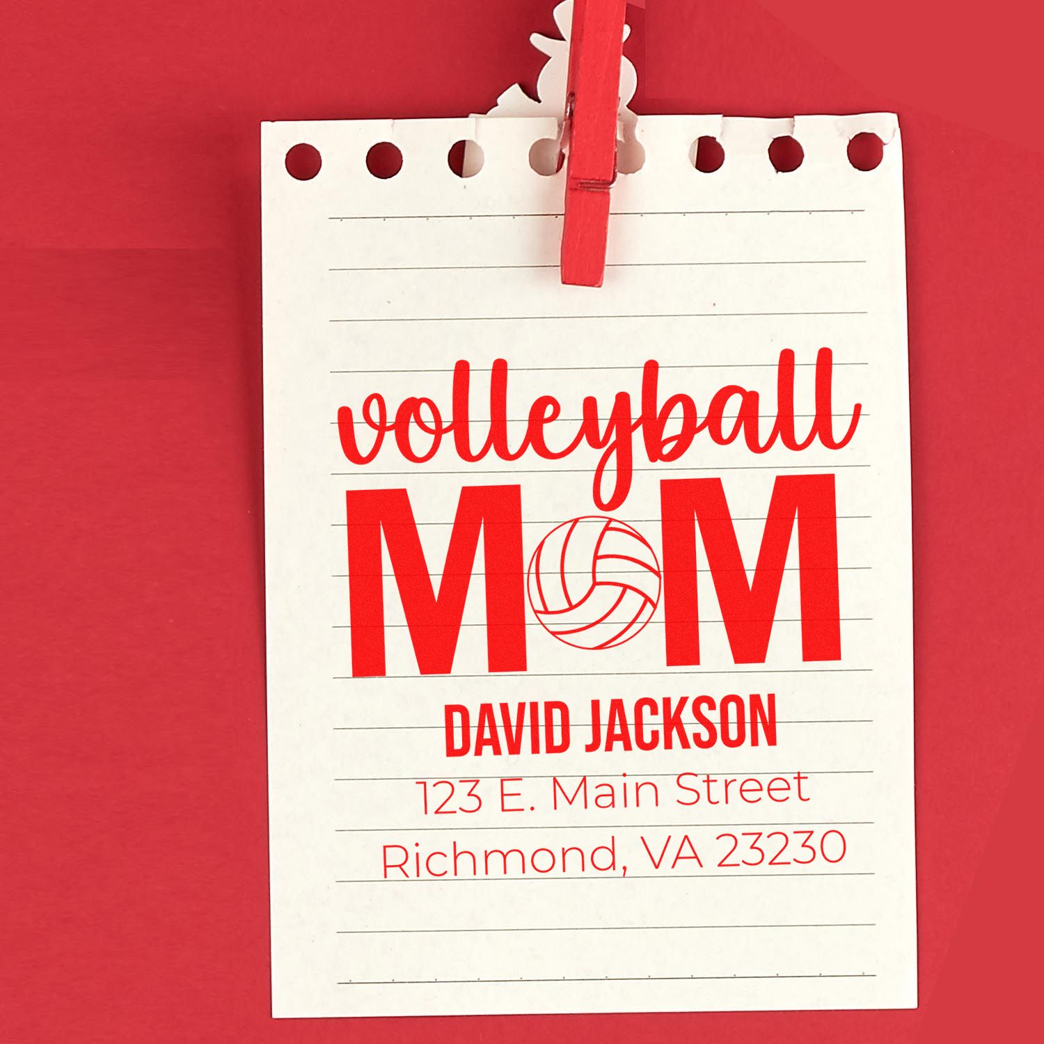 Custom volleyball mom rubber stamp with name and address for personalized stationery and team gifts.
