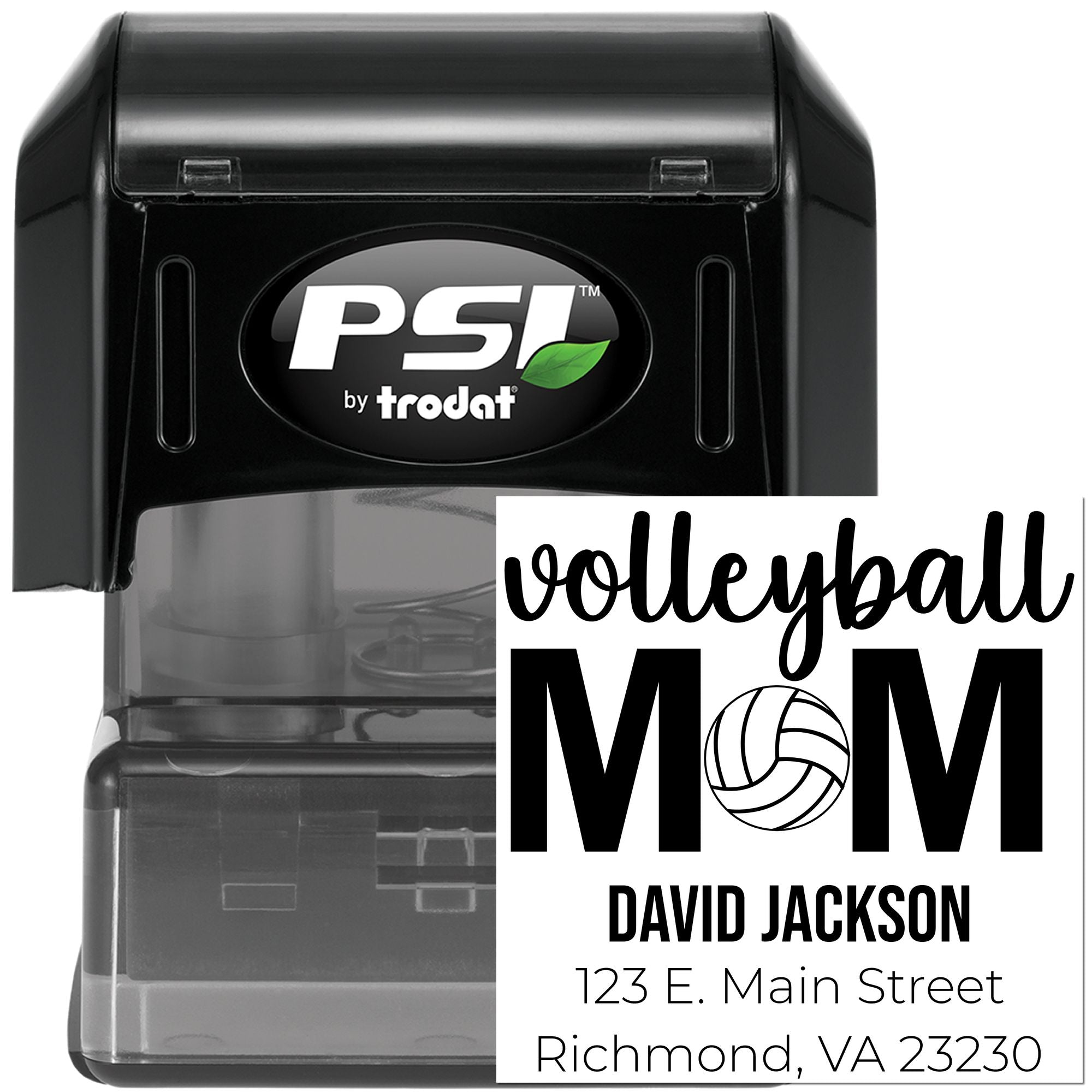 PSI by Trodat custom self-inking rubber stamp with Volleyball Mom design, name, and address for personalized mailings