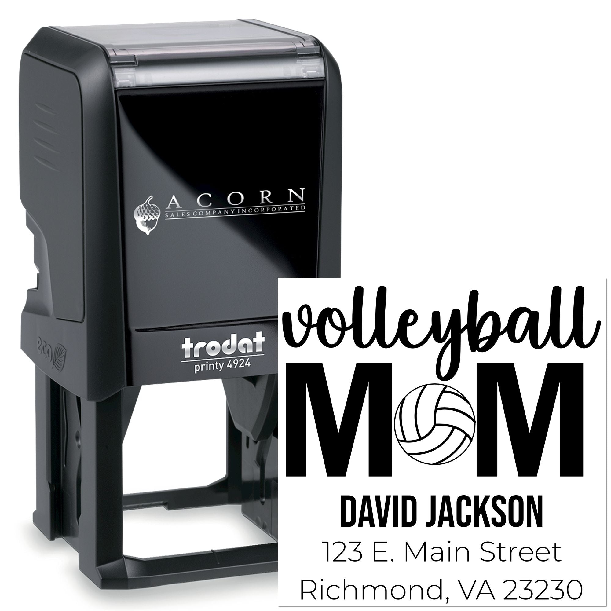 Custom self-inking rubber stamp for volleyball mom, featuring personalized name, address, and Trodat Printy 4924 design.