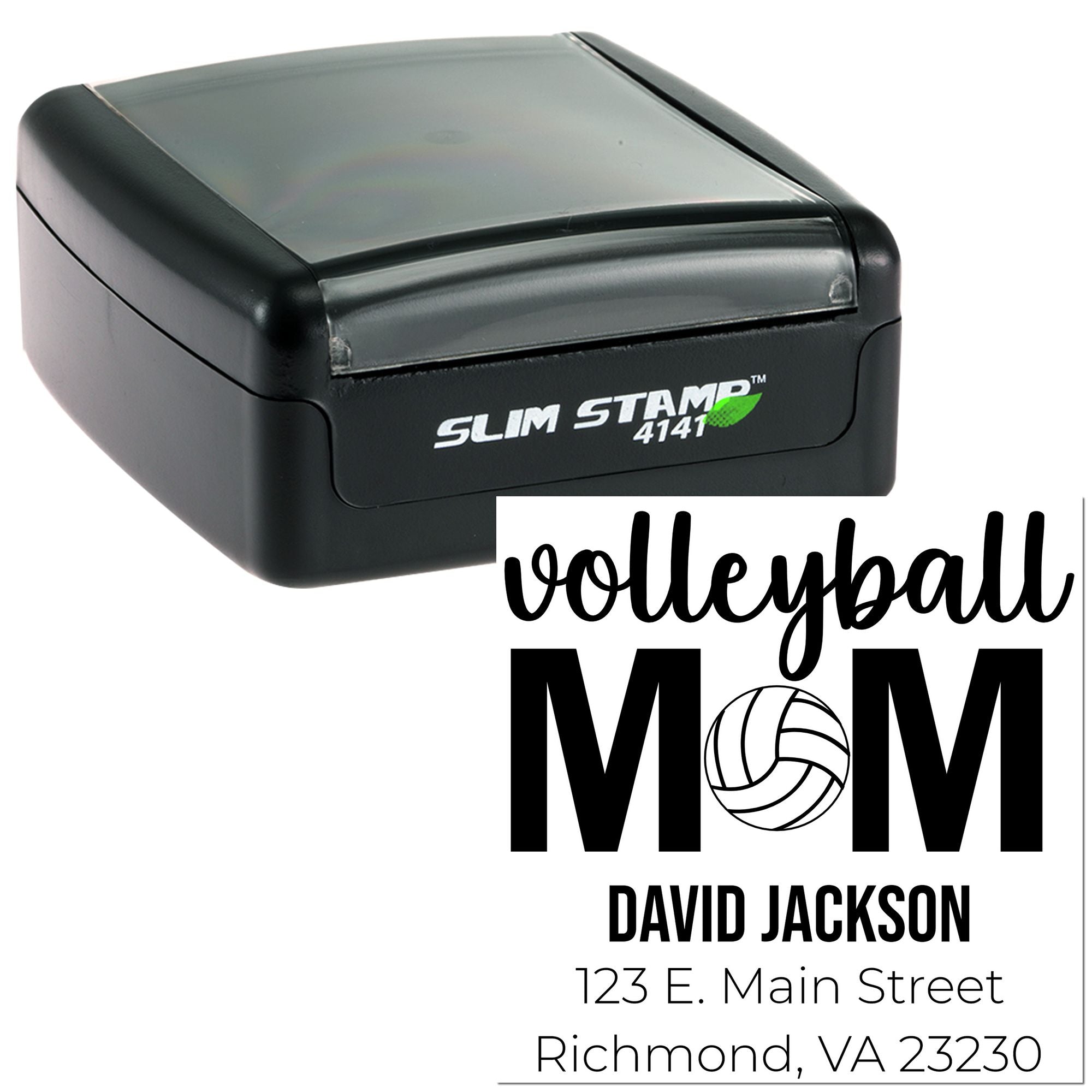Custom self-inking rubber stamp with volleyball mom design, name, and return address for personalized mail.