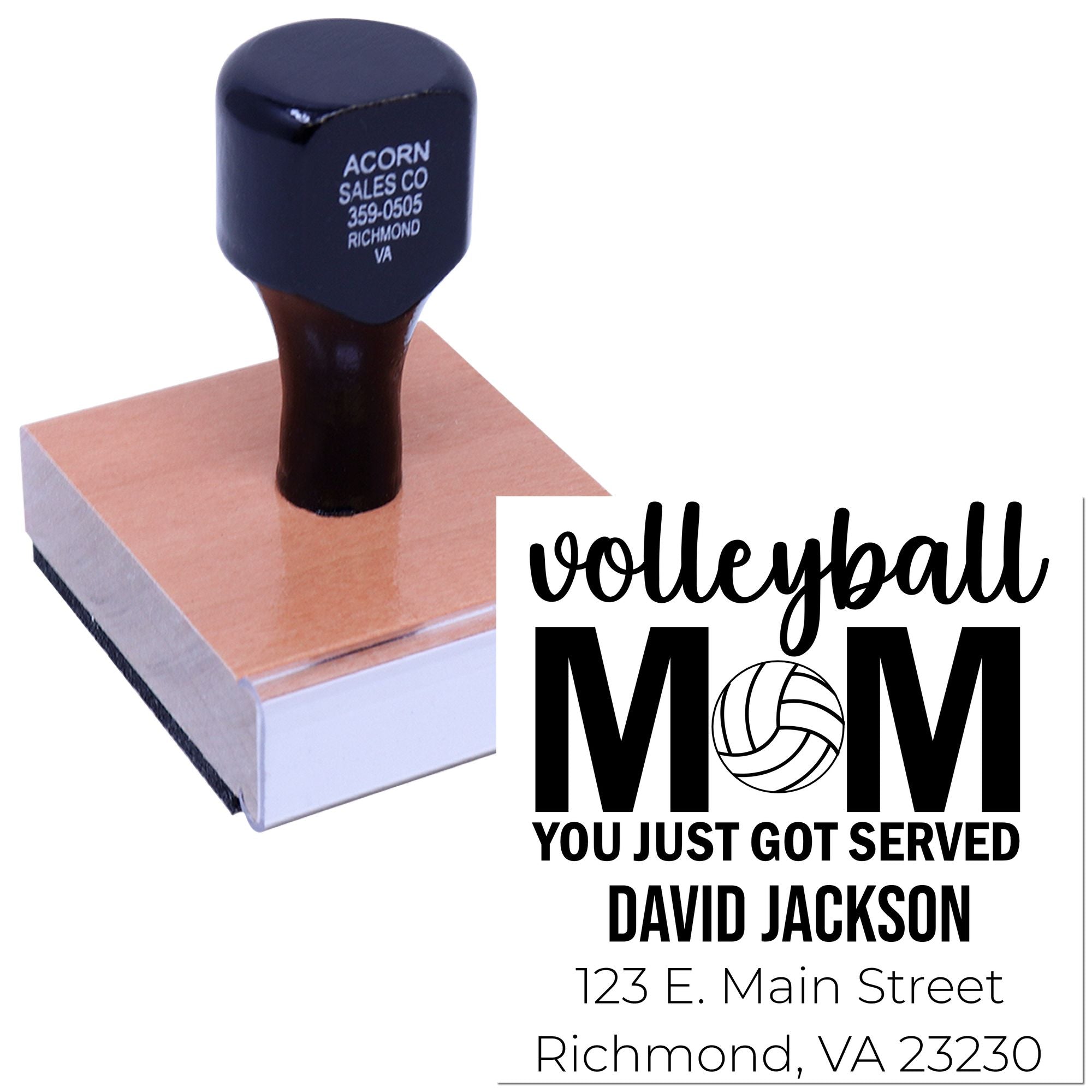 Custom volleyball mom address rubber stamp for envelopes, featuring You Just Got Served design and return address.