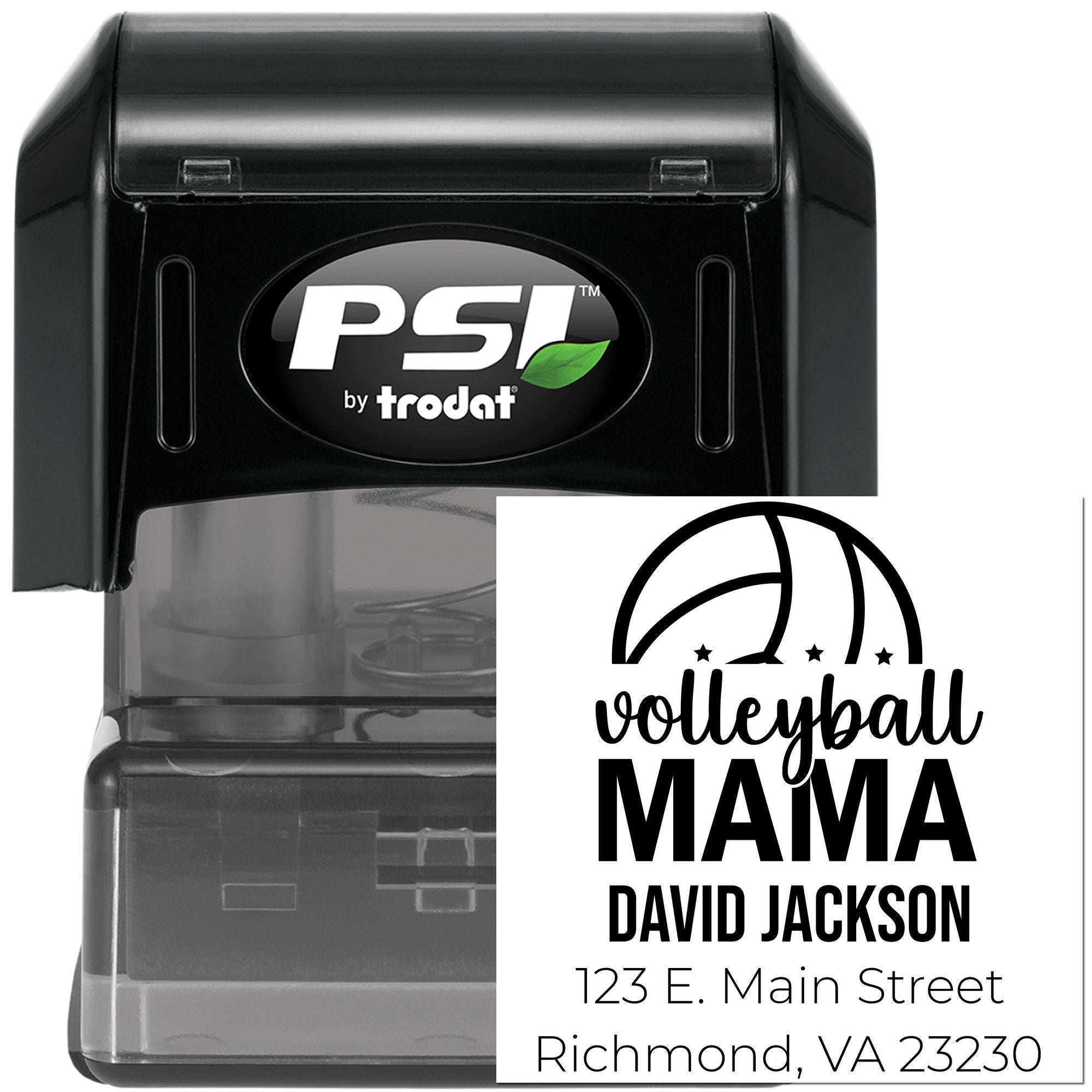 Personalized self-inking rubber stamp with Volleyball Mama custom return address design by PSI Trodat