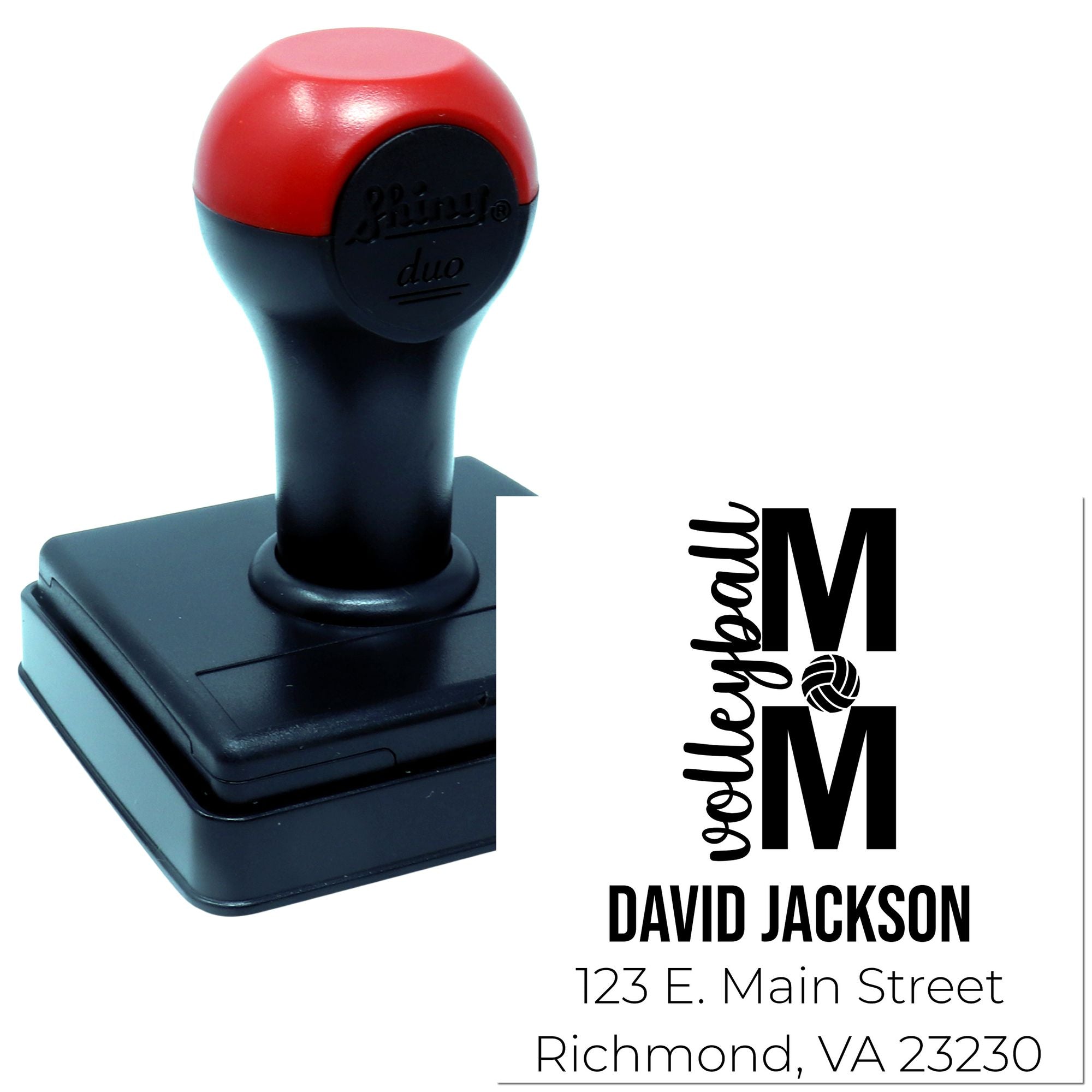 Custom self-inking rubber stamp with personalized name, address, and logo imprint for business or mailing use.